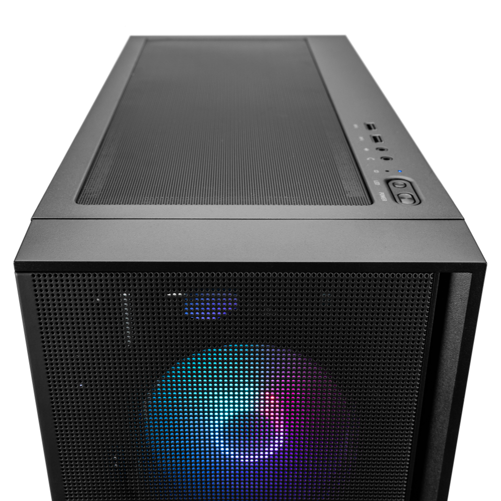 Ein schwarzes Computergehäuse mit Mesh-Front und -Oberseite. Die Front hat einen farbenfrohen LED-Lüfter. Strom- und USB-Anschlüsse sind sichtbar.
