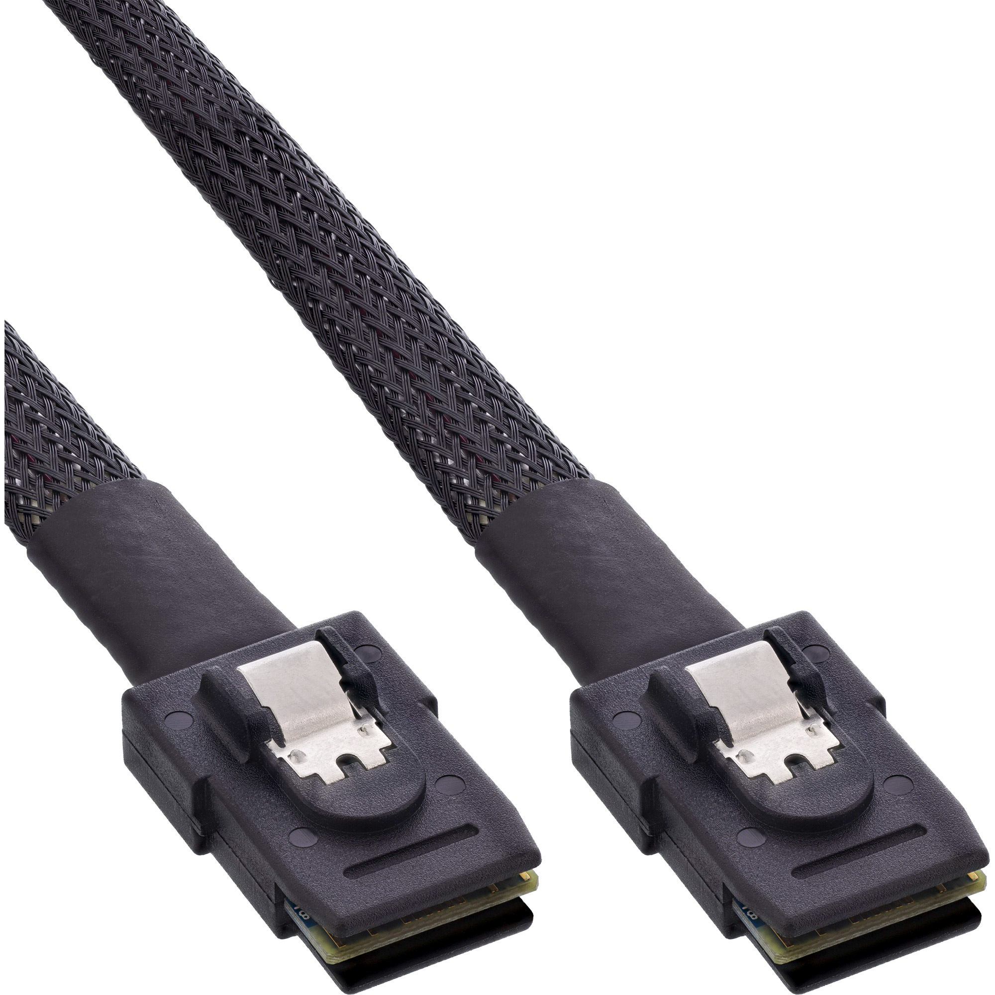 Zwei schwarze SATA-Kabel mit Steckern. Die Kabel sind geflochten, die Stecker haben Metallclips.