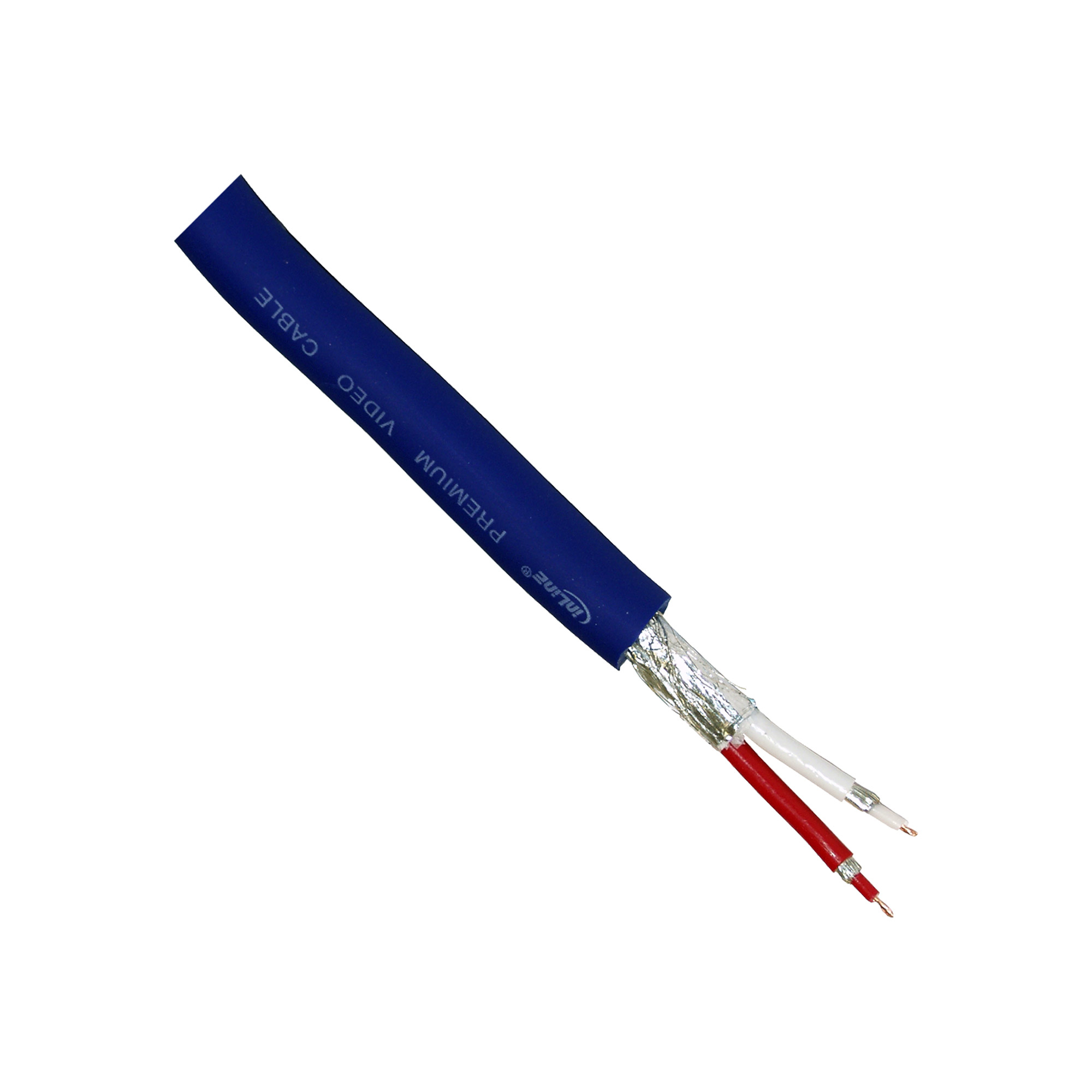 Ein blaues Videokabel mit dem Aufdruck 'PREMIUM'. Das Kabel ist aufgeschnitten, um die inneren Drähte zu zeigen.