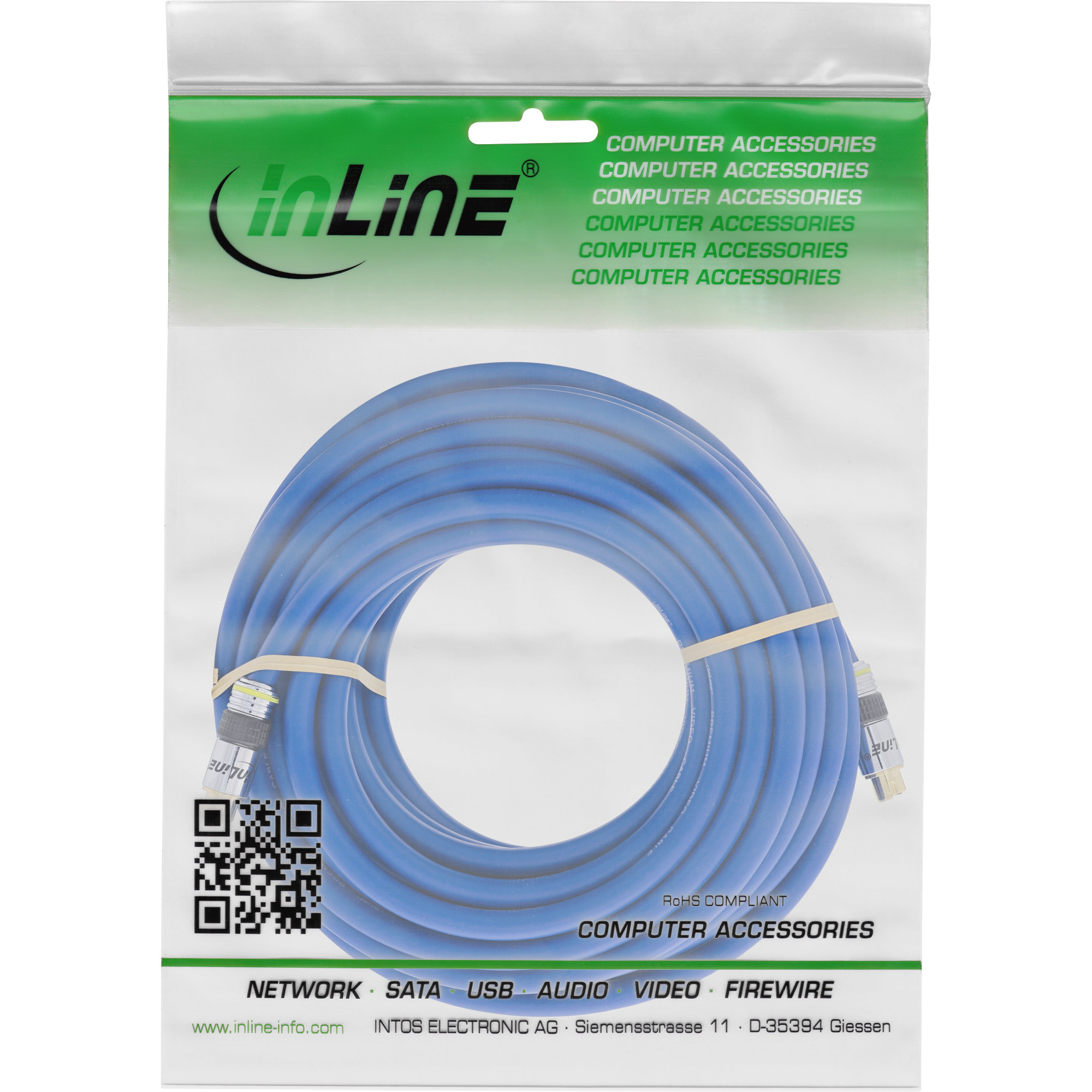 Ein blaues Netzwerkkabel in einer Plastikverpackung. Die Verpackung trägt das 'inLine'-Logo und Produktinformationen.