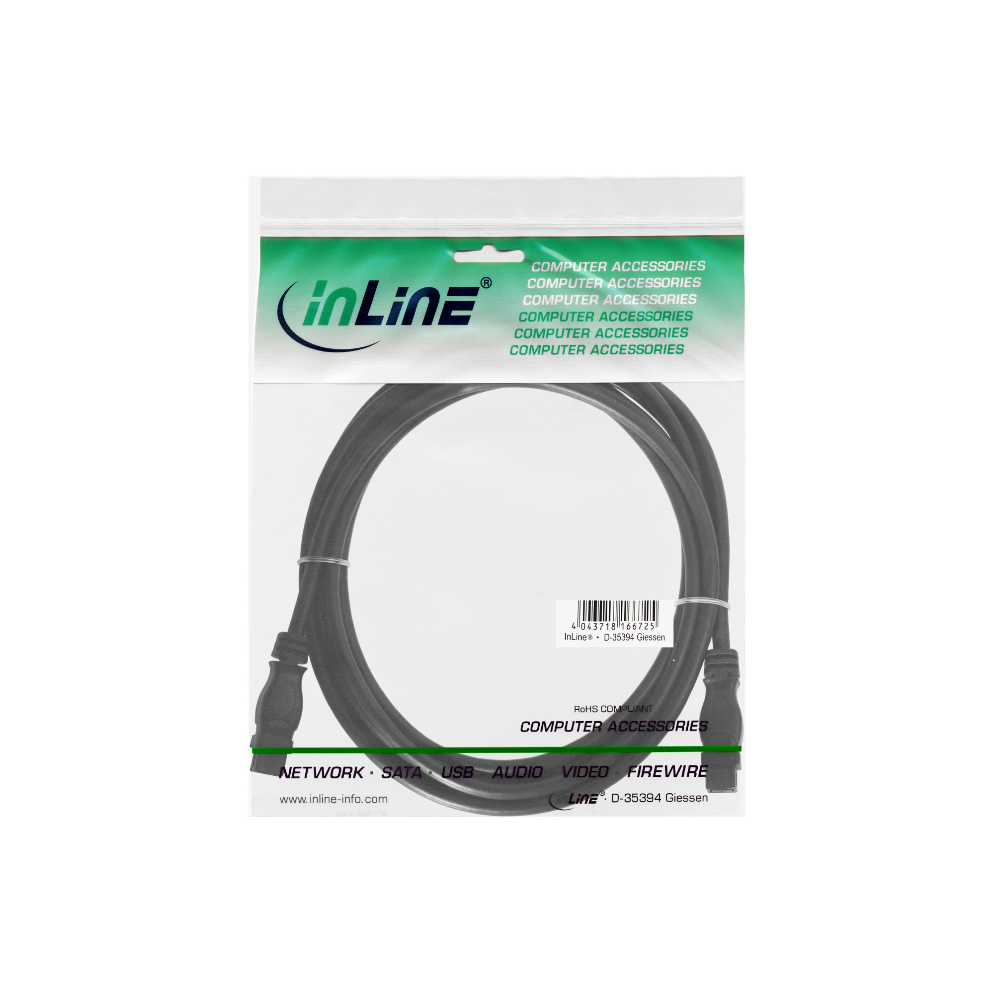 Ein schwarzes Computerkabel in einer durchsichtigen Plastikverpackung. Die Verpackung trägt die Aufschrift: 'InLine', 'COMPUTER ACCESSORIES'.
