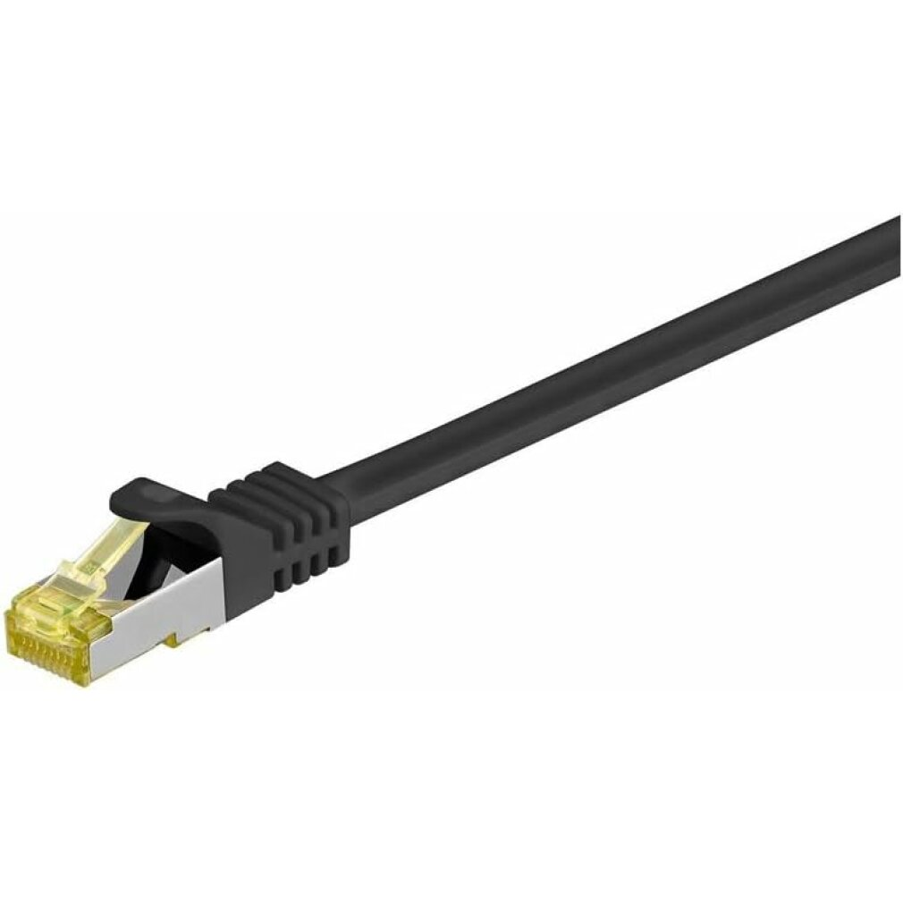 Un cavo Ethernet nero con un connettore giallo e argento. È angolato e lo sfondo è bianco.