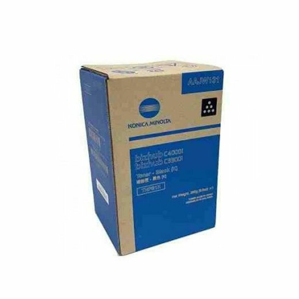 Una scatola Konica Minolta, blu e beige, con l'etichetta 'bizhub C4000i' e altri dettagli. La scatola è per il toner.