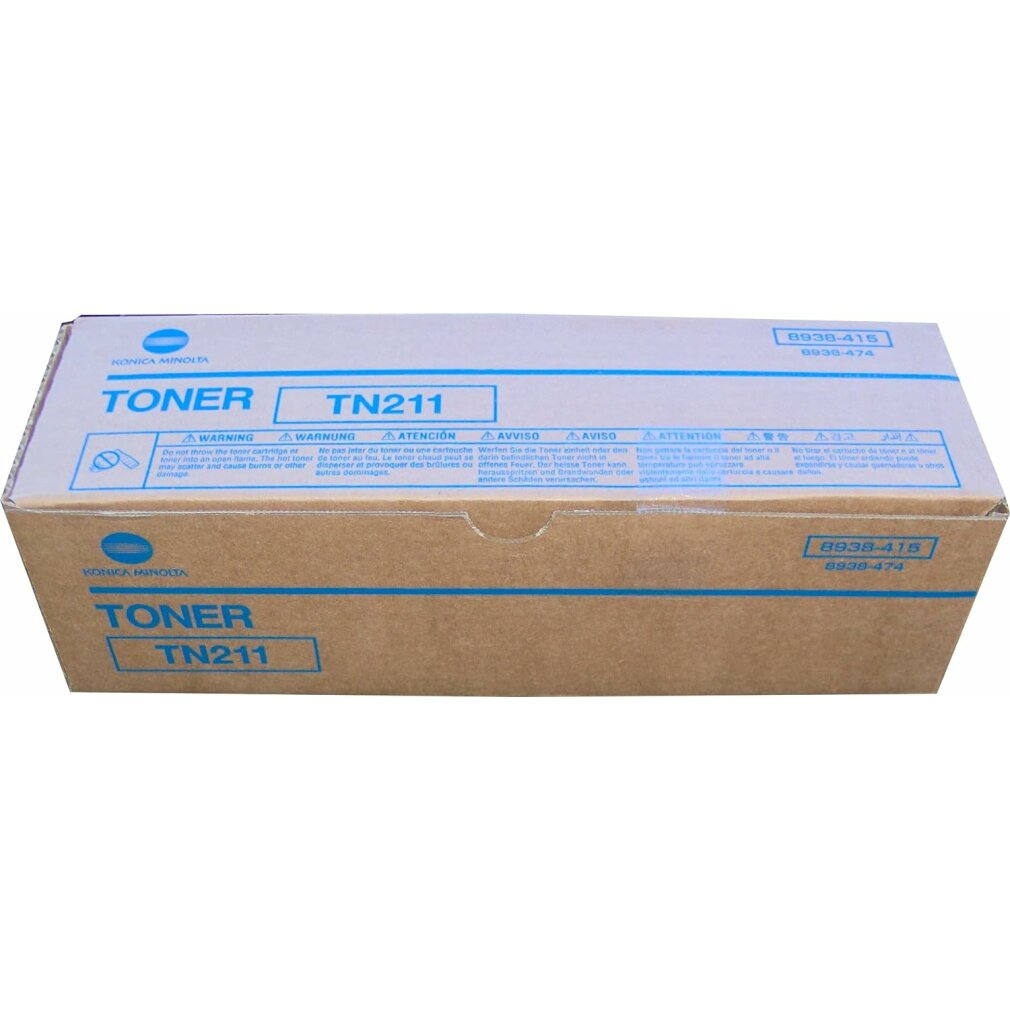 Una scatola di cartucce toner Konica Minolta TN211. È marrone e ha delle avvertenze stampate.
