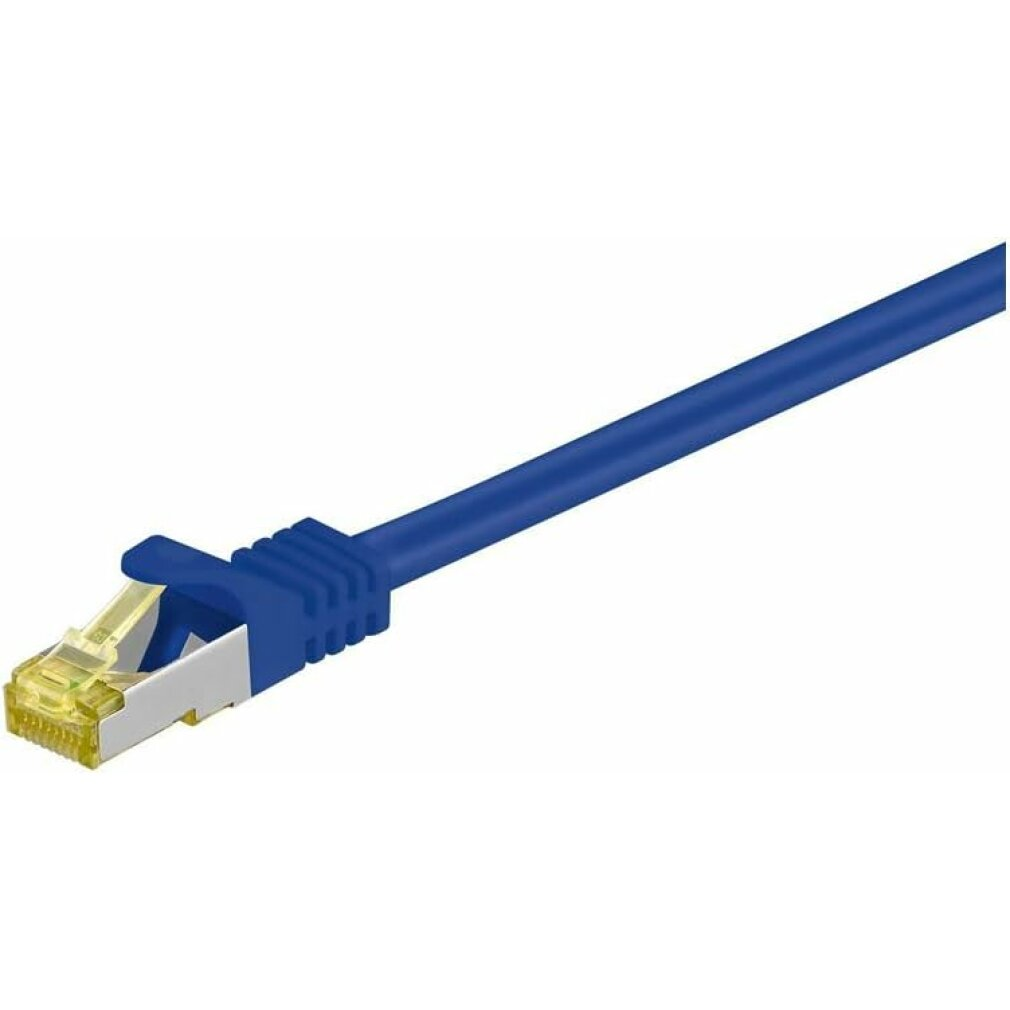 Un cavo Ethernet blu con connettore giallo e argento. È angolato dal basso a sinistra verso l'alto a destra su sfondo bianco.