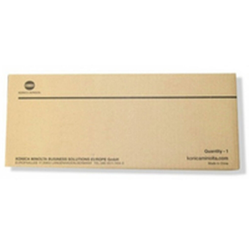 Una scatola di cartone beige con una linea e un logo neri. Il testo in basso indica la quantità e i dettagli aziendali.