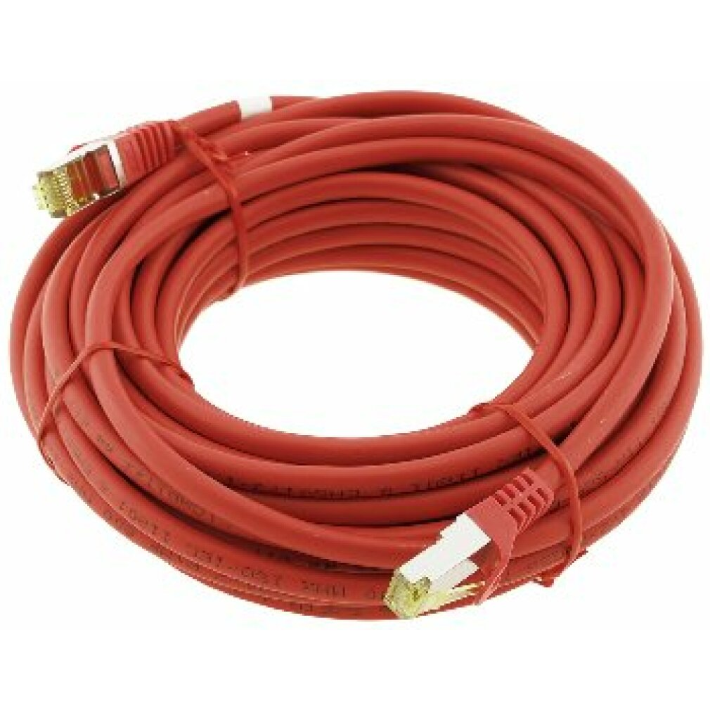 Zwinięty czerwony kabel Ethernet z wtyczkami na obu końcach. Kabel jest związany czerwoną opaską.