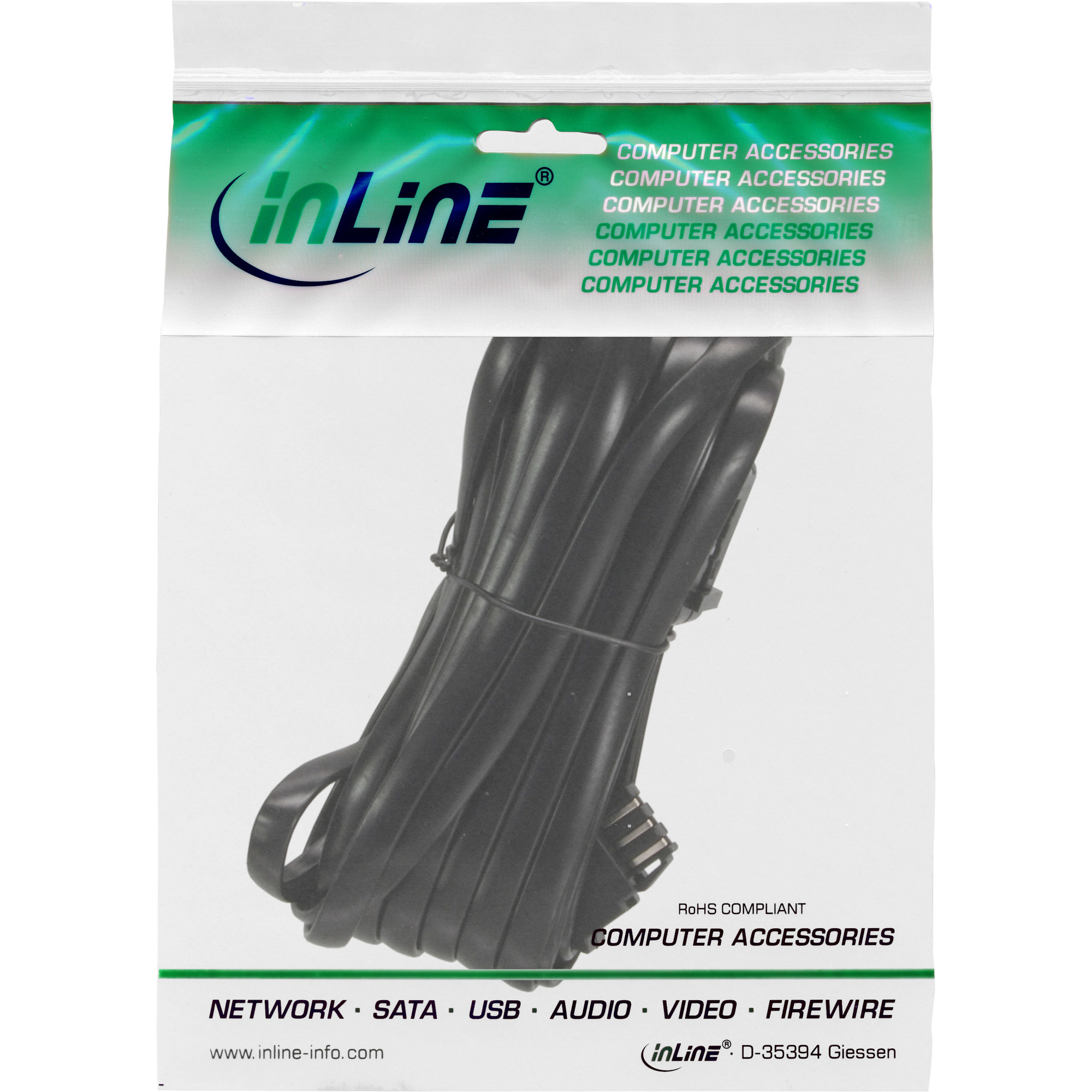 Eine Packung mit einem schwarzen Kabel. Das Etikett lautet 'inLine' und 'Computerzubehör'.