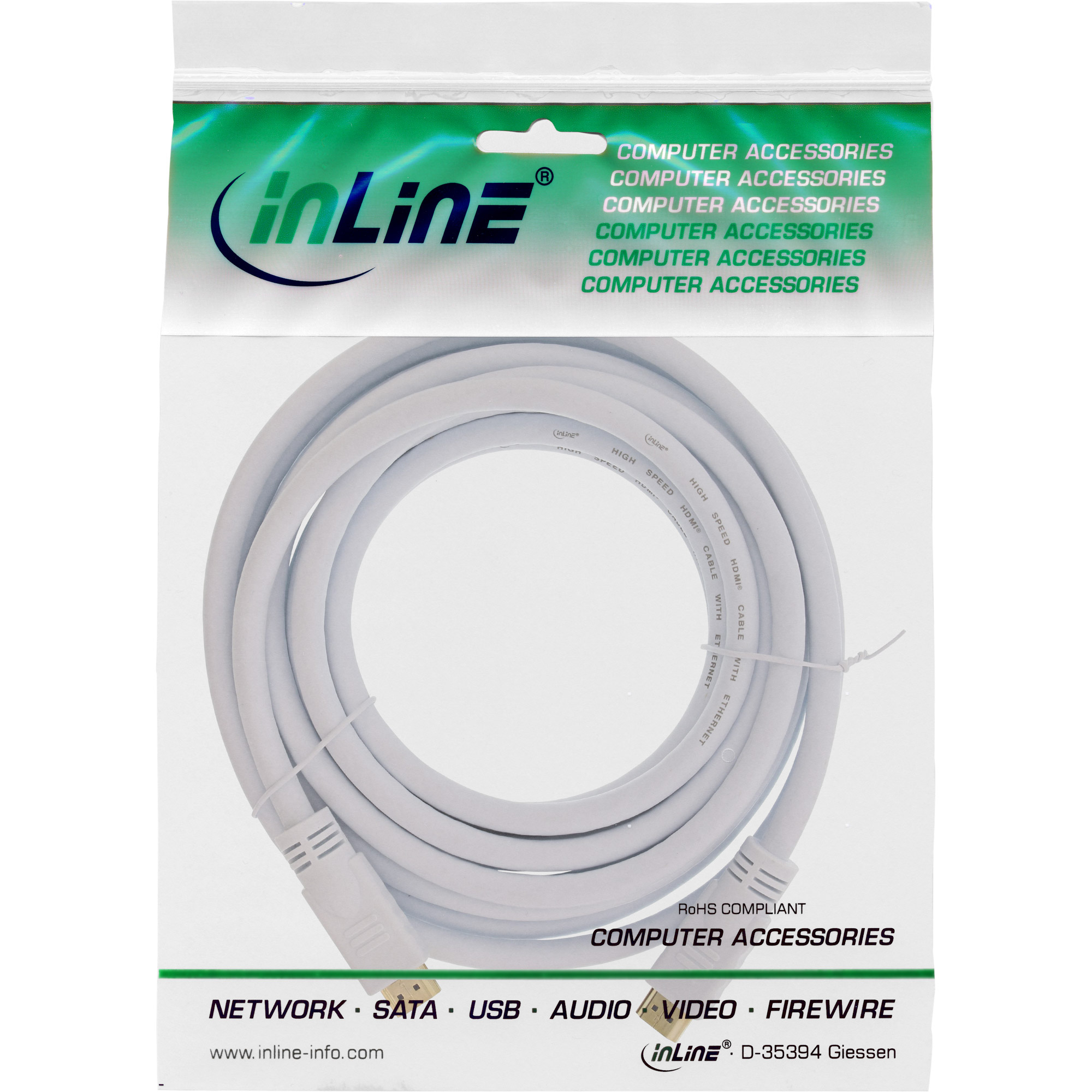 Ein weißes HDMI-Kabel in einer Plastikverpackung. Die Verpackung hat das 'inLine'-Logo und den Text 'Computer Zubehör'.