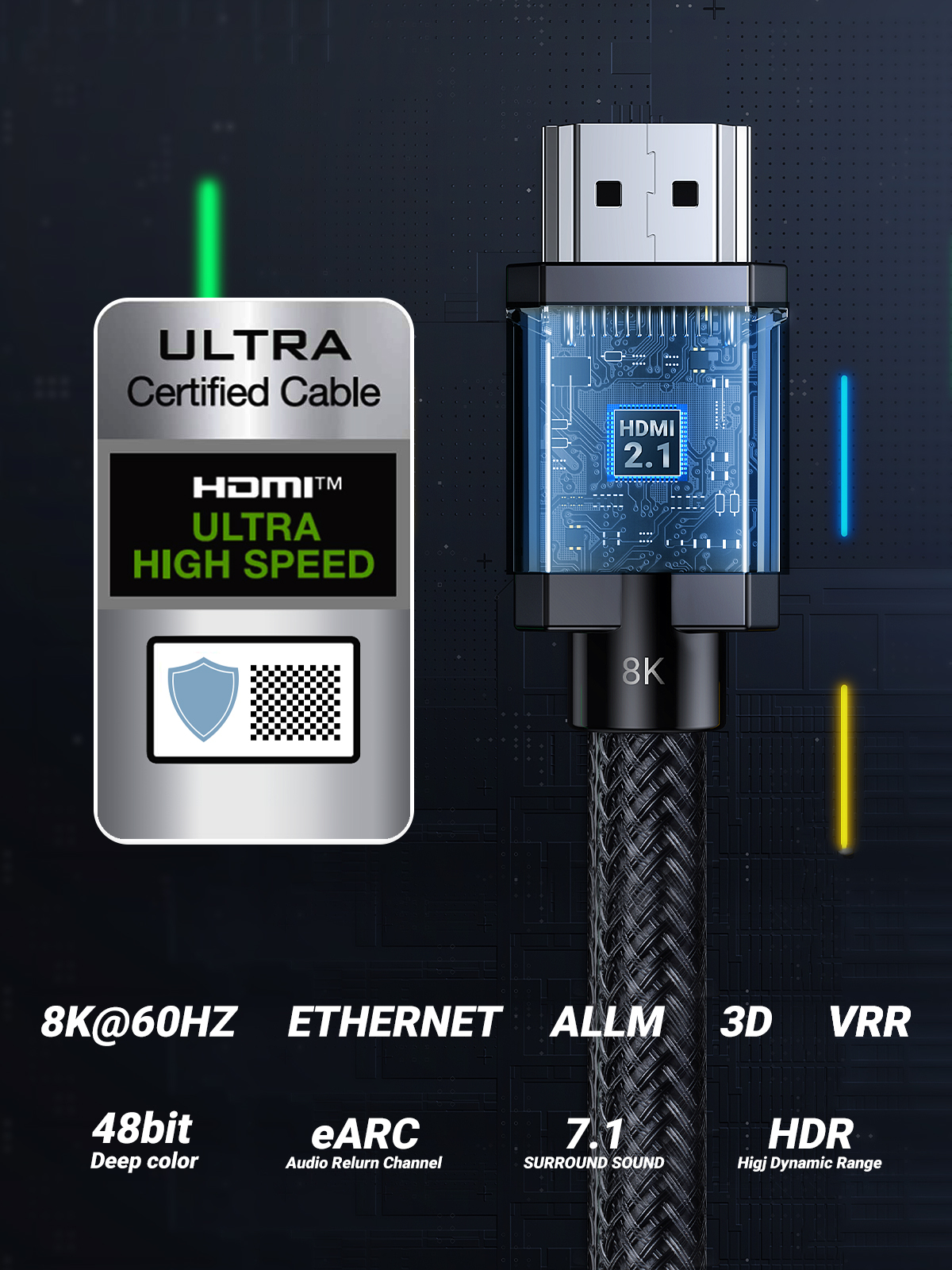 Kabel HDMI z funkcjami 8K i HDMI 2.1. Ma złącze na czarnym kablu. Szczegóły są napisane na kablu.
