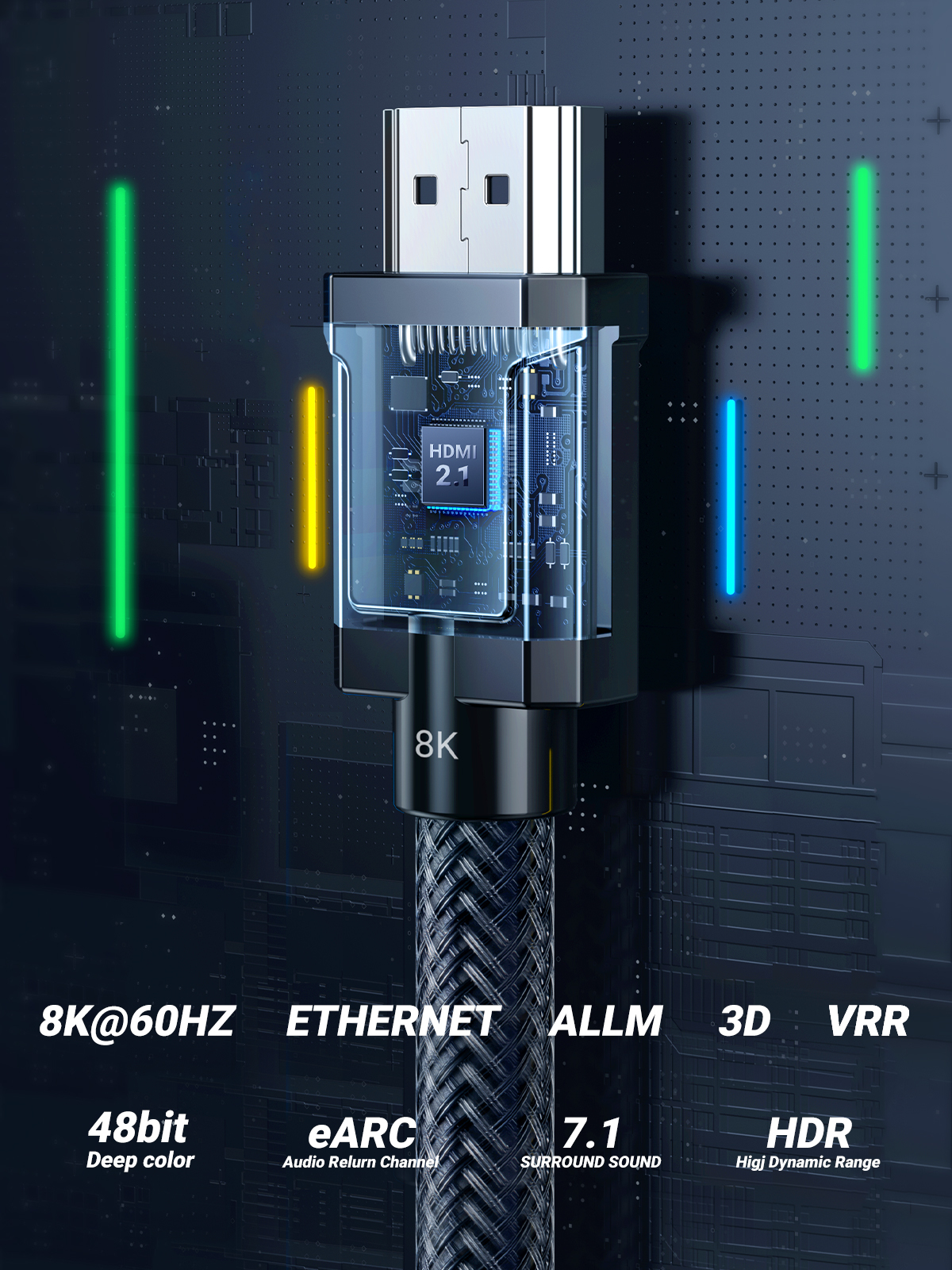 Kabel HDMI pokazuje specyfikacje HDMI 2.1. Jest czarny z plecionym kablem, a złącze jest srebrne.