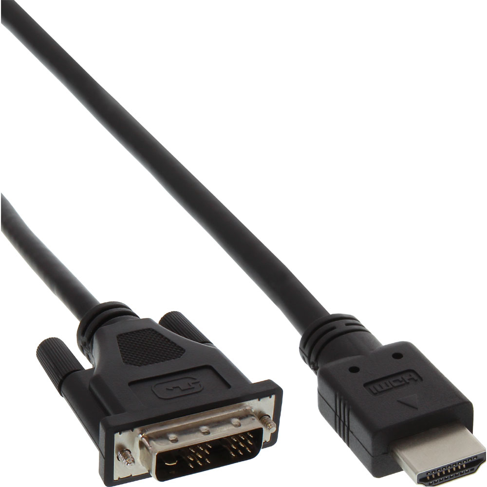 Ein schwarzes HDMI-zu-DVI-Kabel. Der DVI-Anschluss befindet sich links, der HDMI-Anschluss rechts. Beide Anschlüsse sind schwarz.
