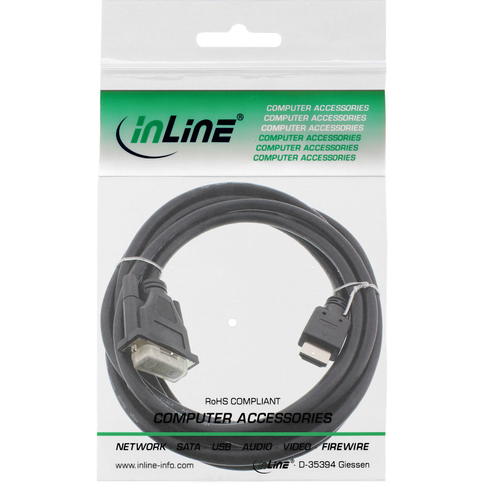 Ein schwarzes Computerkabel in einer durchsichtigen Plastikverpackung. Das Kabel hat zwei Anschlüsse, einen VGA- und einen HDMI-Anschluss. Auf der Verpackung steht 'Computerzubehör'.