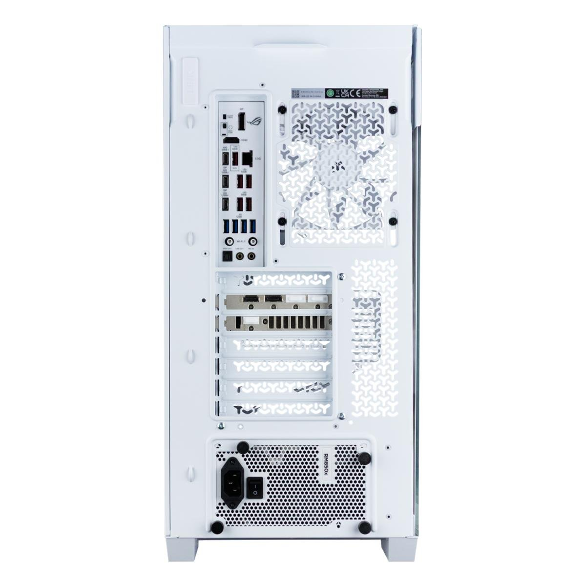 Weißes Computergehäuse mit verschiedenen Anschlüssen, einem Lüfter und Netzteil. Das Gehäuse hat eine Glasseitenwand.