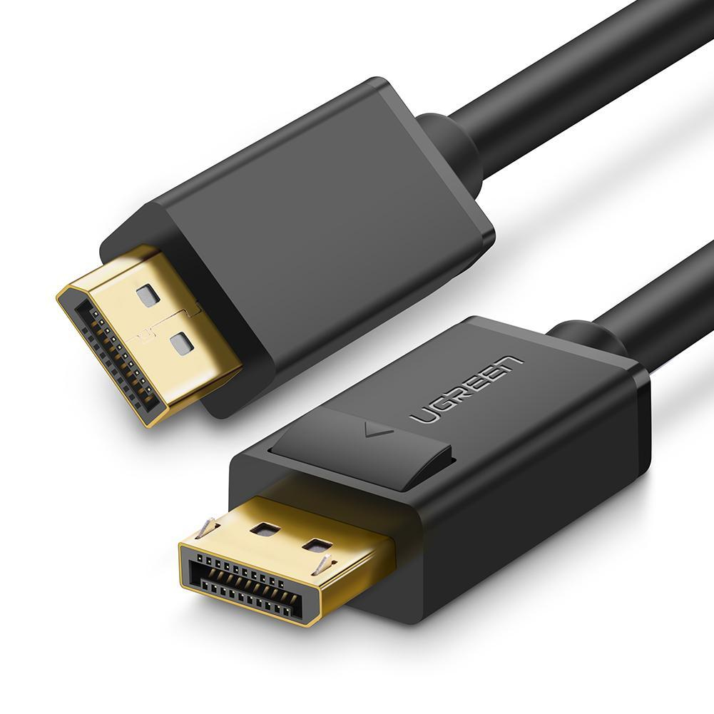 Zbliżenie dwóch czarnych kabli wyświetlacza UGREEN ze złotymi złączami. Jedno złącze to DisplayPort, drugie to HDMI.