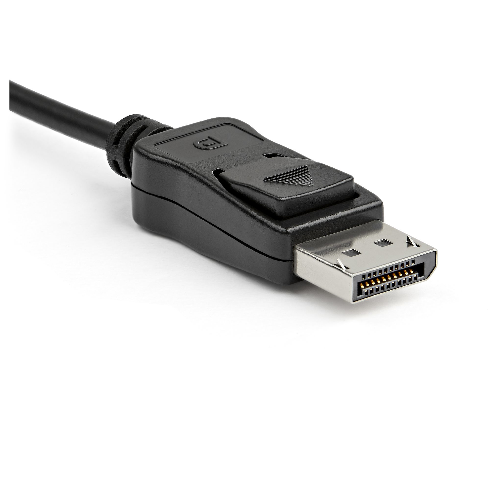 Conector de cable DisplayPort negro. Clavijas plateadas y carcasa metálica. Cable negro sobre fondo blanco.