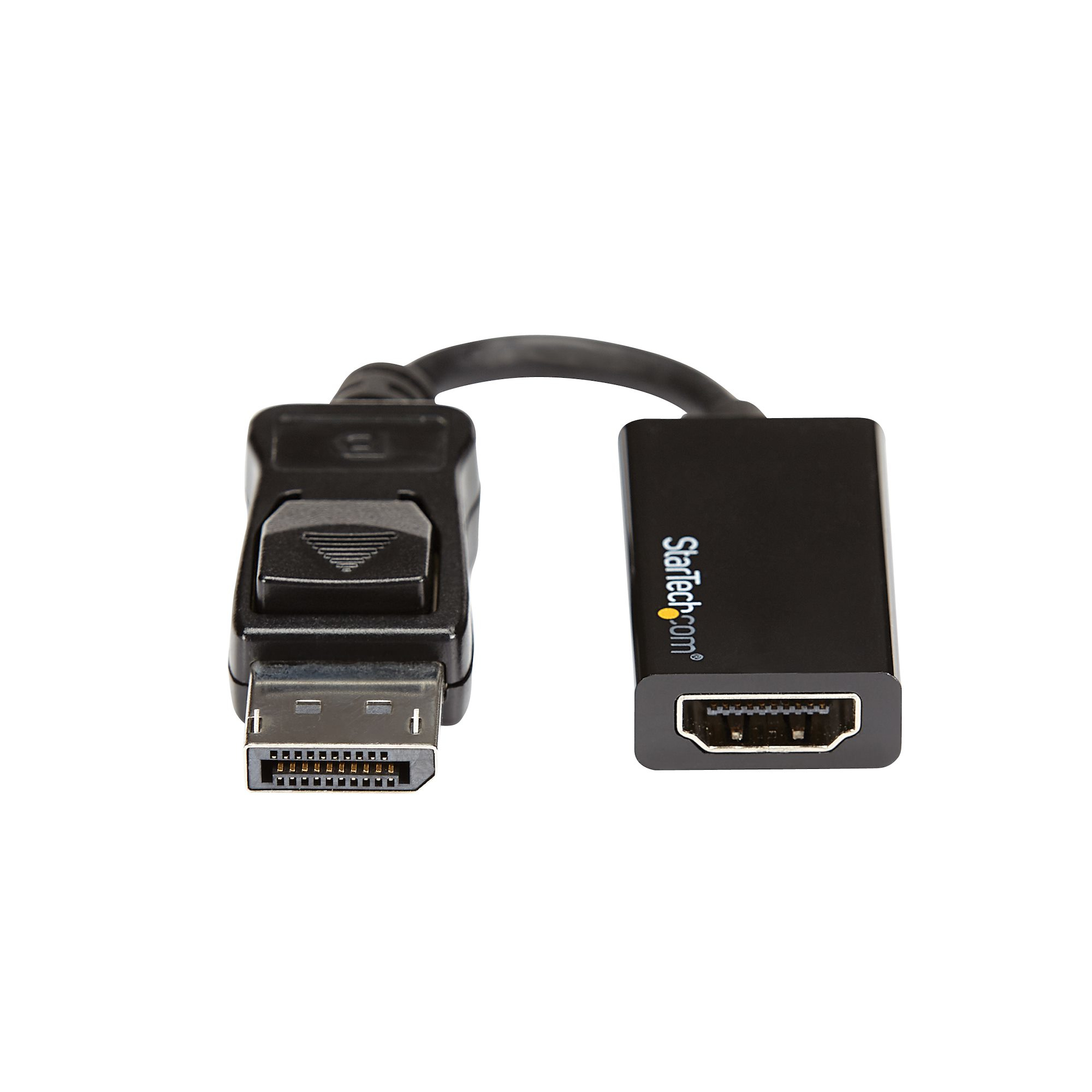 Adaptador negro de DisplayPort a HDMI. Conector DisplayPort a la izquierda, HDMI a la derecha, conectado por cable negro.