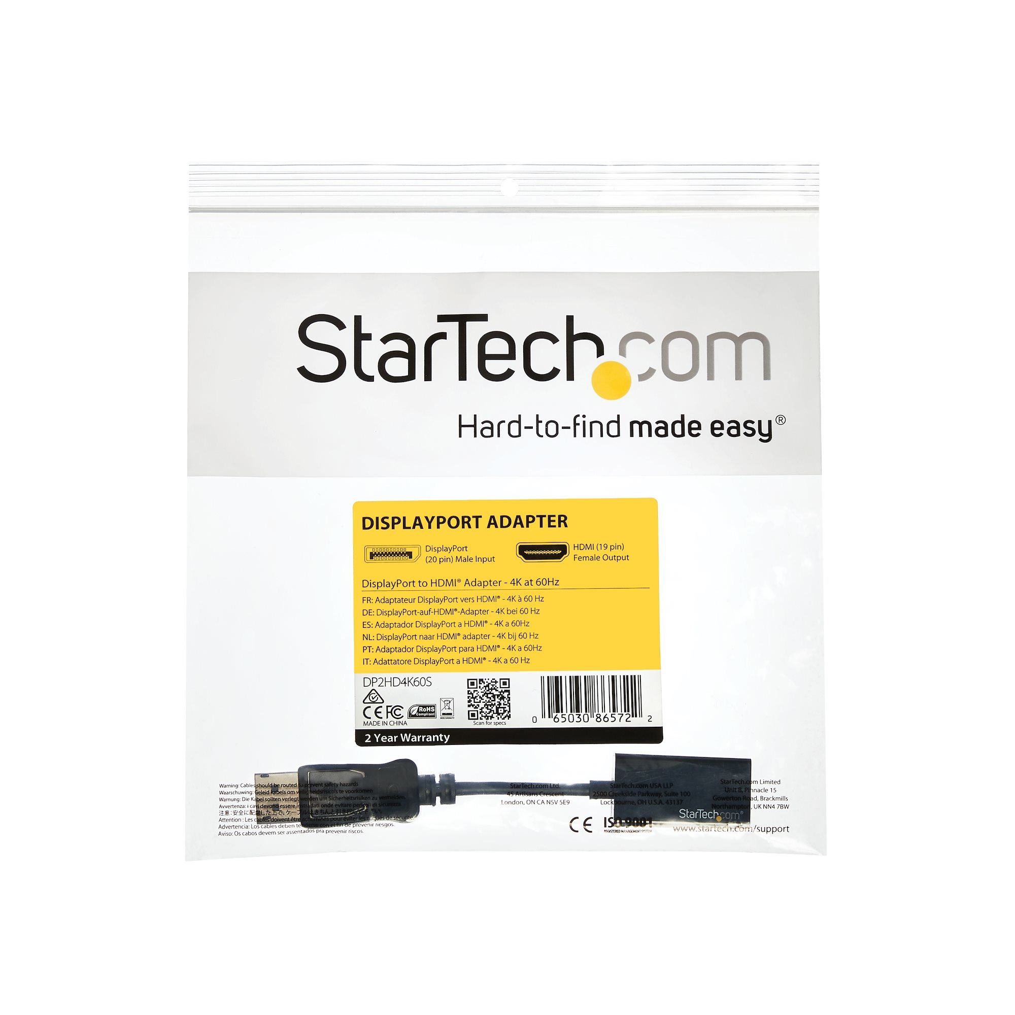 Una caja adaptadora DisplayPort a HDMI de StarTech.com. Tiene información del producto e imágenes de conectores.