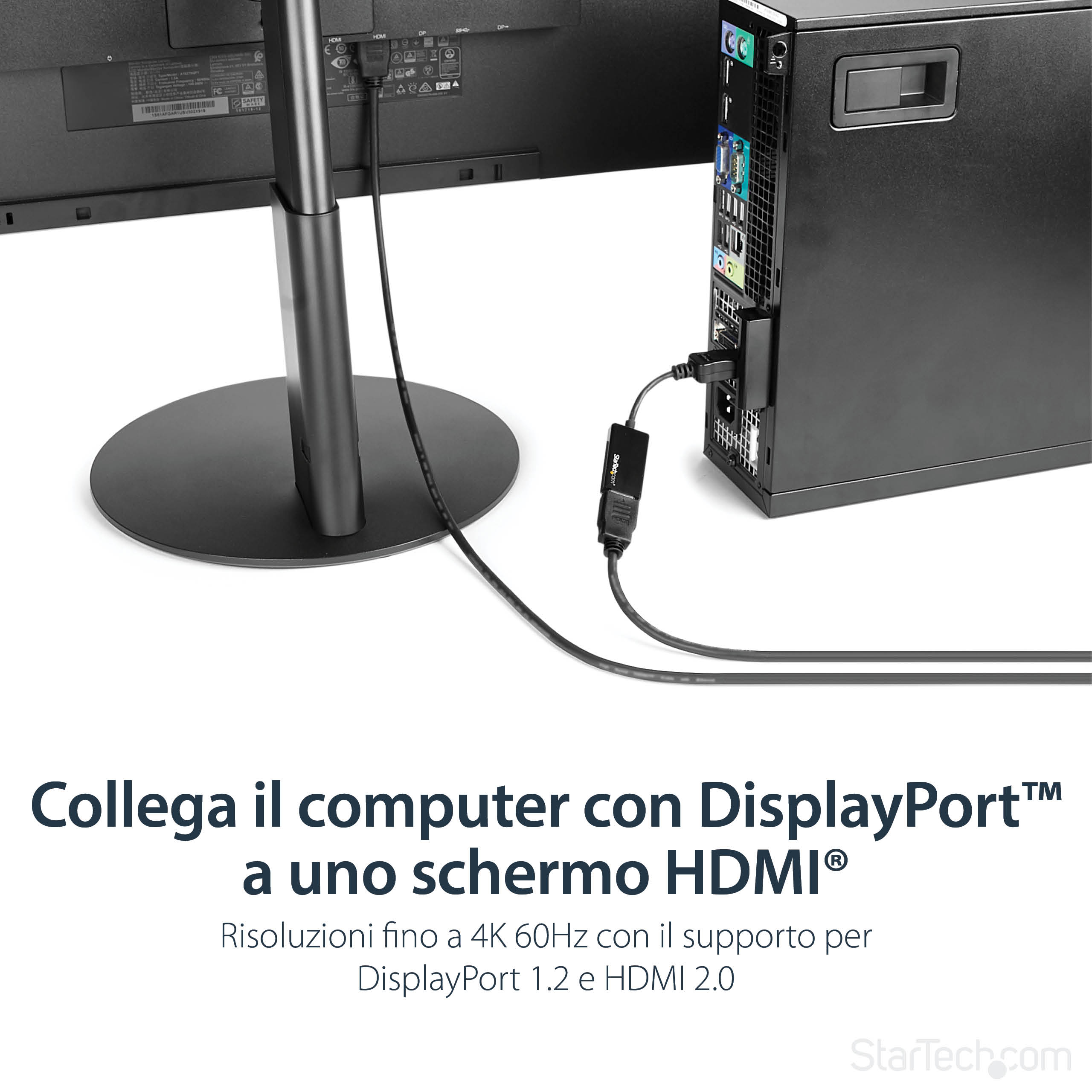 Una torre de ordenador conectada a un monitor con un cable negro. El texto dice: 'Conecte el ordenador con DisplayPort a HDMI'.