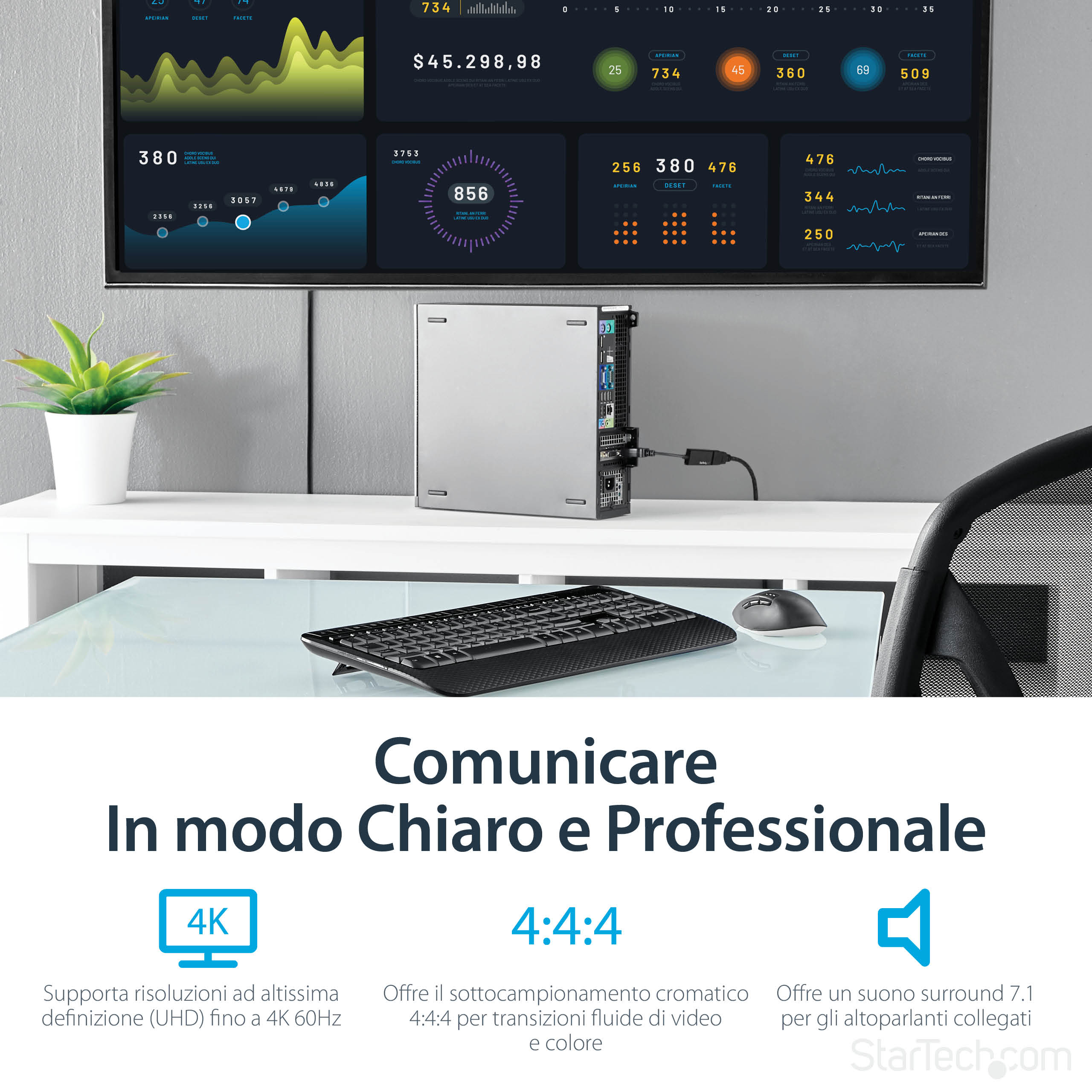 Una configuración de escritorio con un monitor que muestra datos, un teclado, un ratón y una pequeña planta.