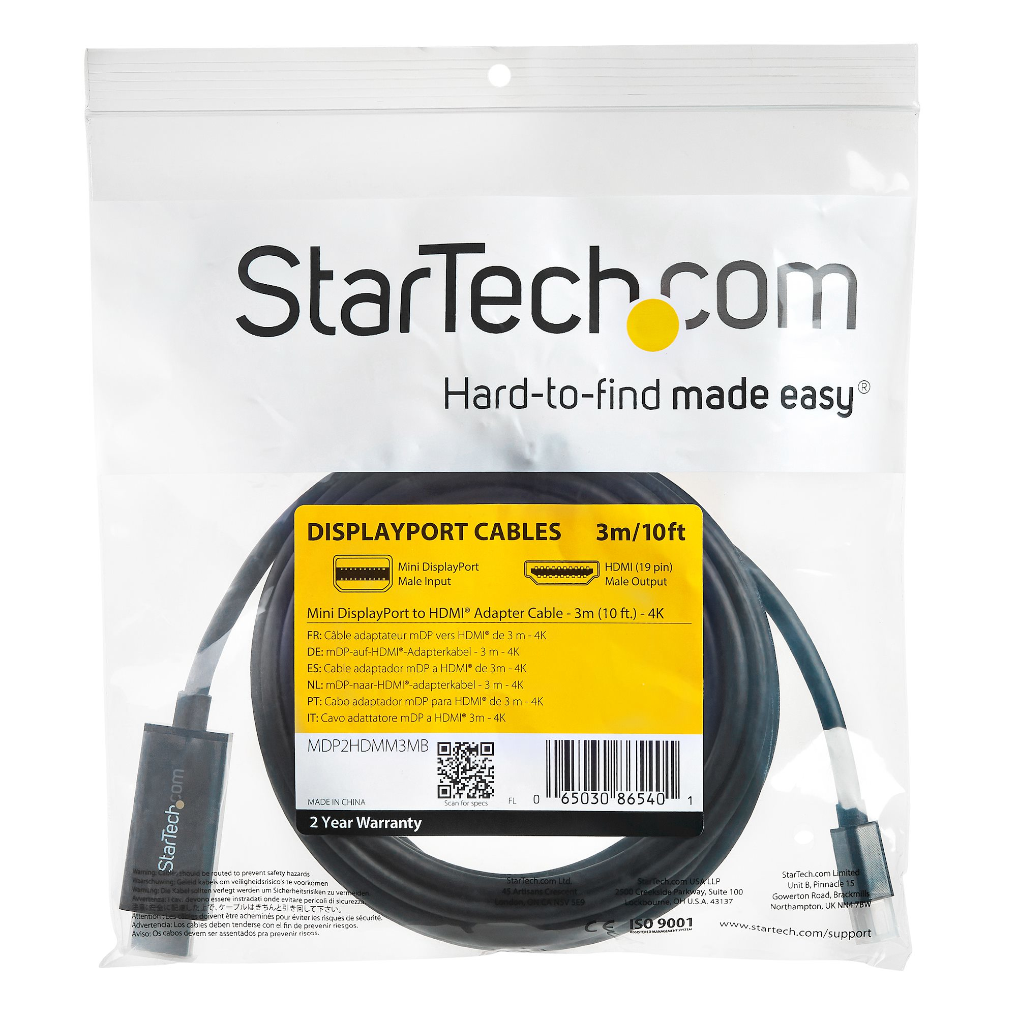 Un paquete con un cable negro. Dice StarTech.com y tiene una descripción del producto.