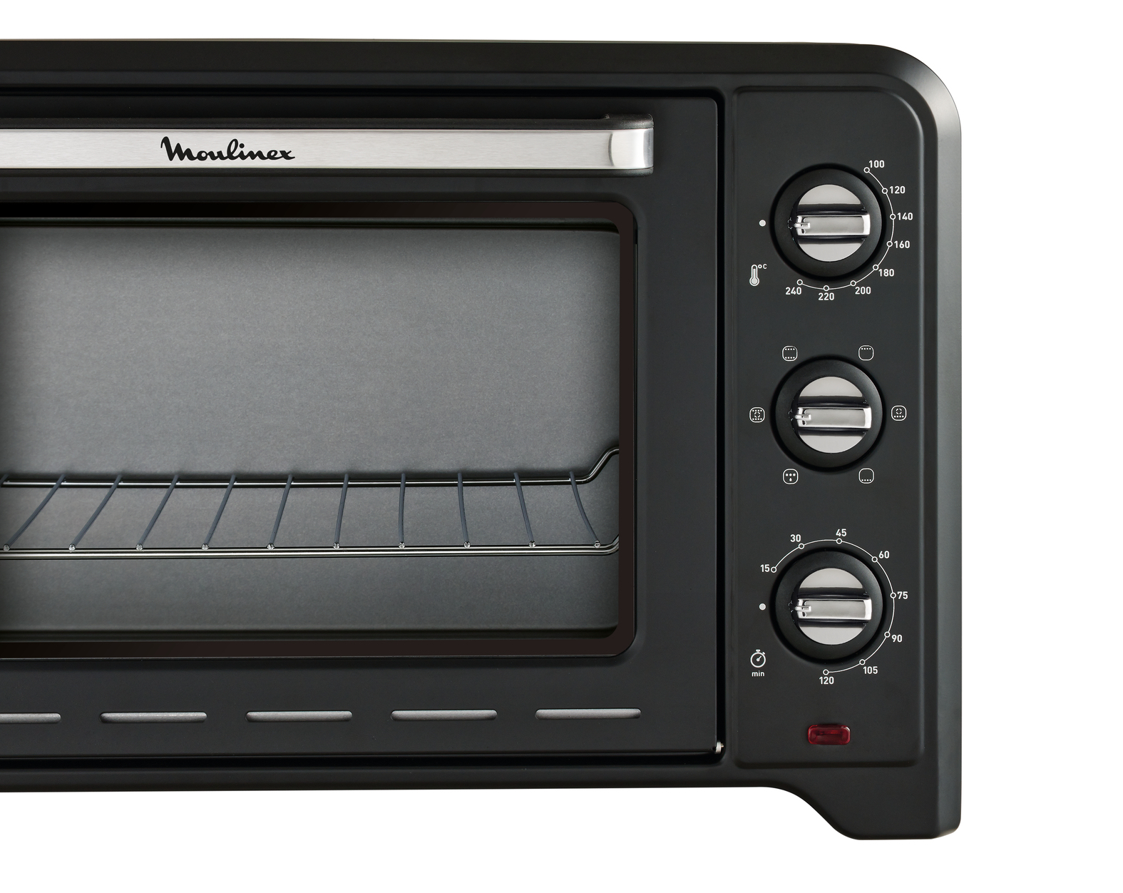 Czarny piekarnik Moulinex z pokrętłami. Posiada szklane drzwi, ruszt i srebrną listwę. Pokrętła do regulacji temperatury i timera.