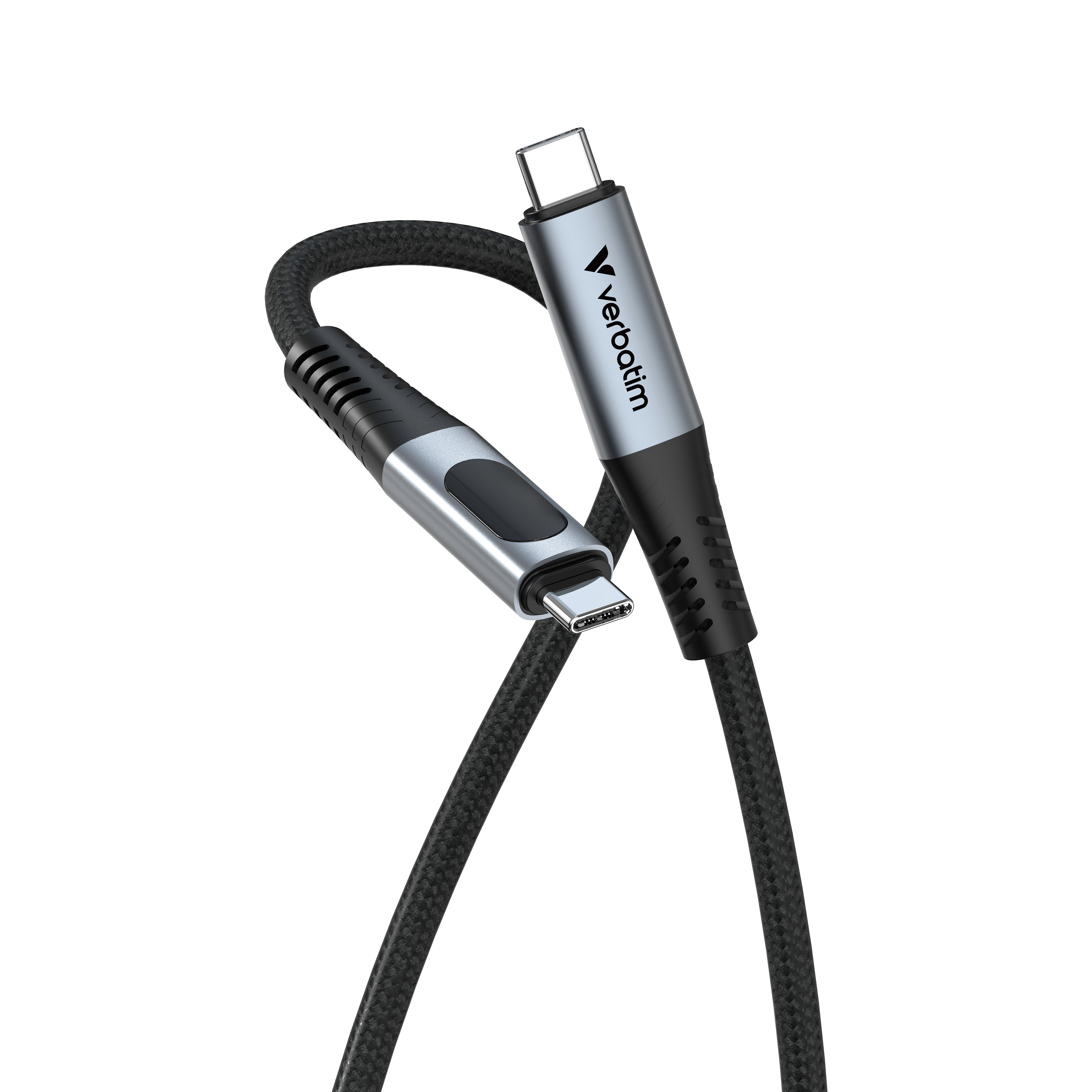 Un câble USB-C avec câble tressé noir et connecteurs argentés, un avec le texte 'verbatim'. Sur fond blanc.