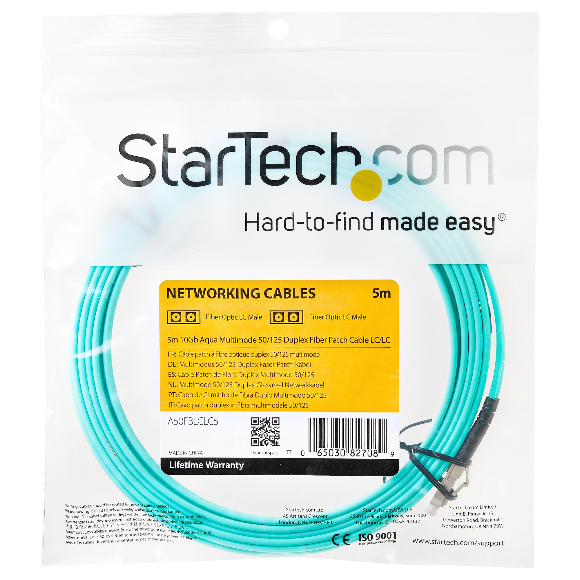 Un paquete muestra un cable de fibra óptica turquesa, información del producto y el logotipo de StarTech.com con 'Hard-to-find made easy'.