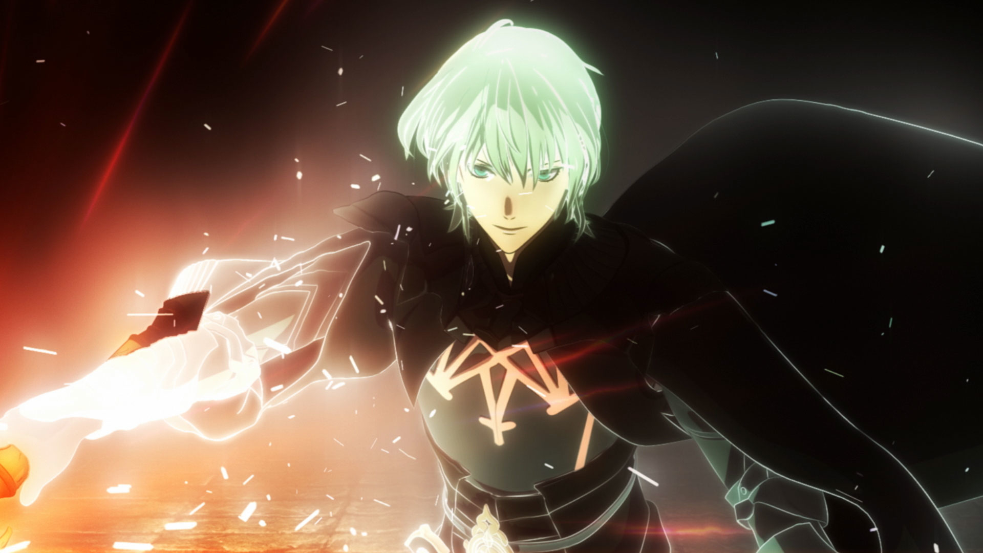Anime-Charakter mit grünen Haaren und leuchtender Hand in dynamischer Pose. Dunkle Kleidung und feuriger Hintergrund.