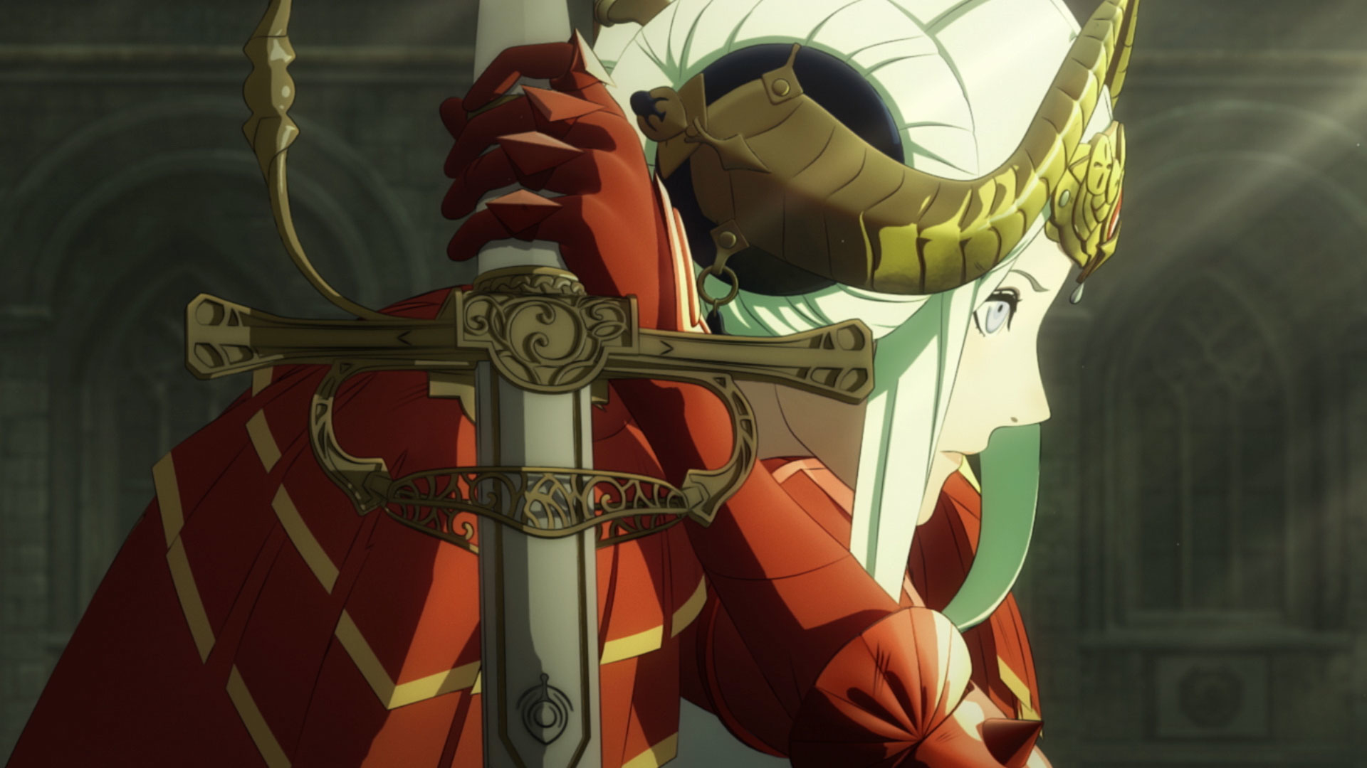 Anime-Figur hält ein Schwert. Die Figur trägt eine rote und goldene Rüstung. Weißes Haar und ein goldener Kopfschmuck. Dunkler Saal im Hintergrund.