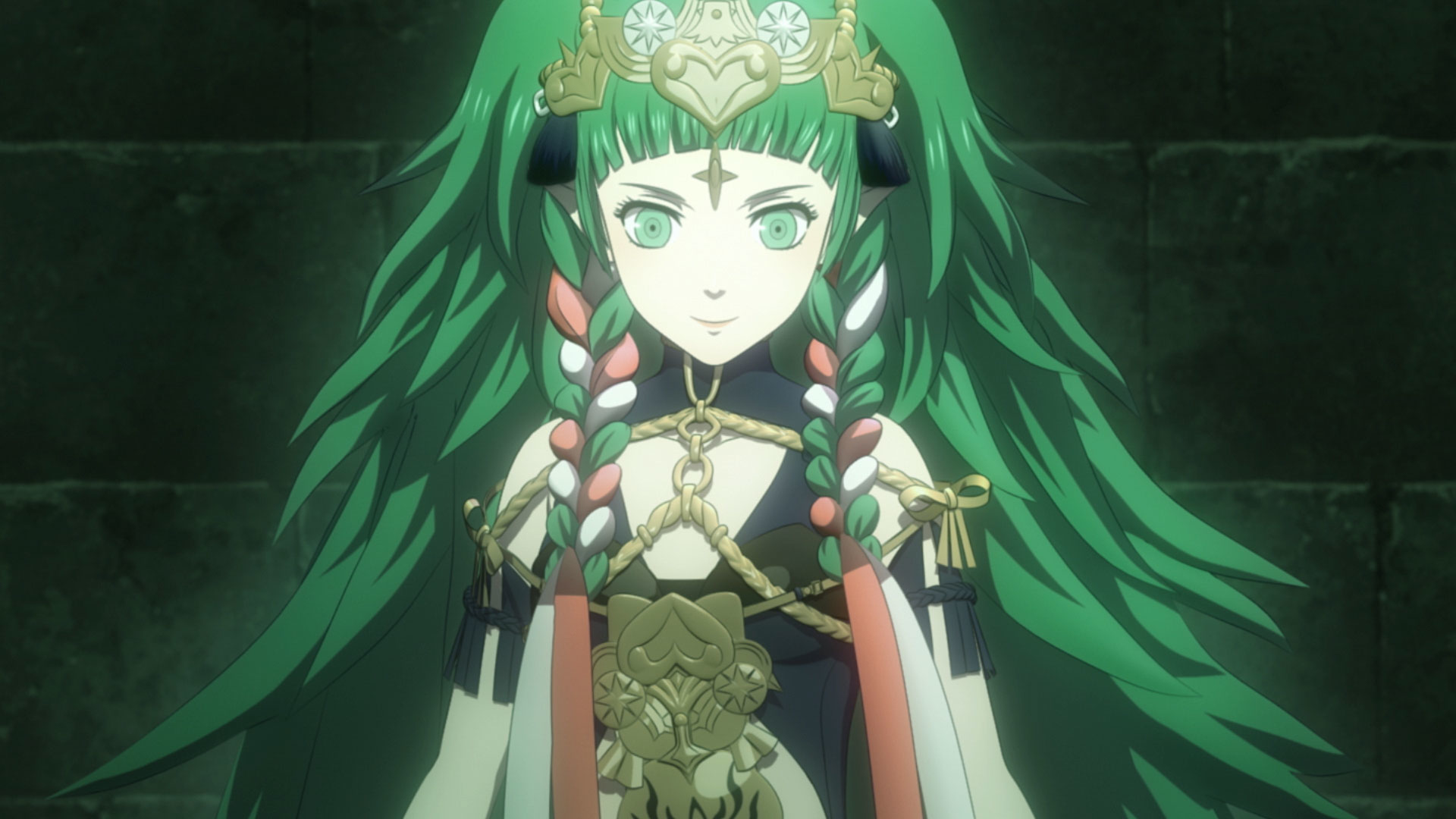 Anime-Frau mit grünen Haaren, Augen und Kopfschmuck. Sie trägt ein dunkles Oberteil mit goldenen Akzenten und lächelt sanft.