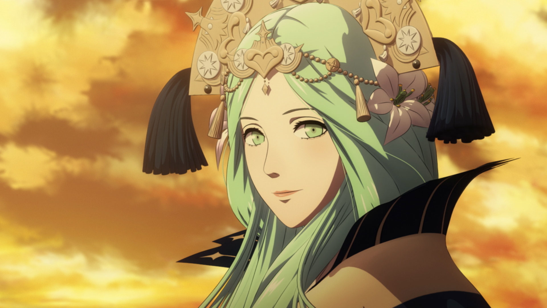 Anime-Frau mit grünen Haaren und Augen, trägt einen goldenen Kopfschmuck mit Blumen, vor einem Sonnenuntergangshintergrund.