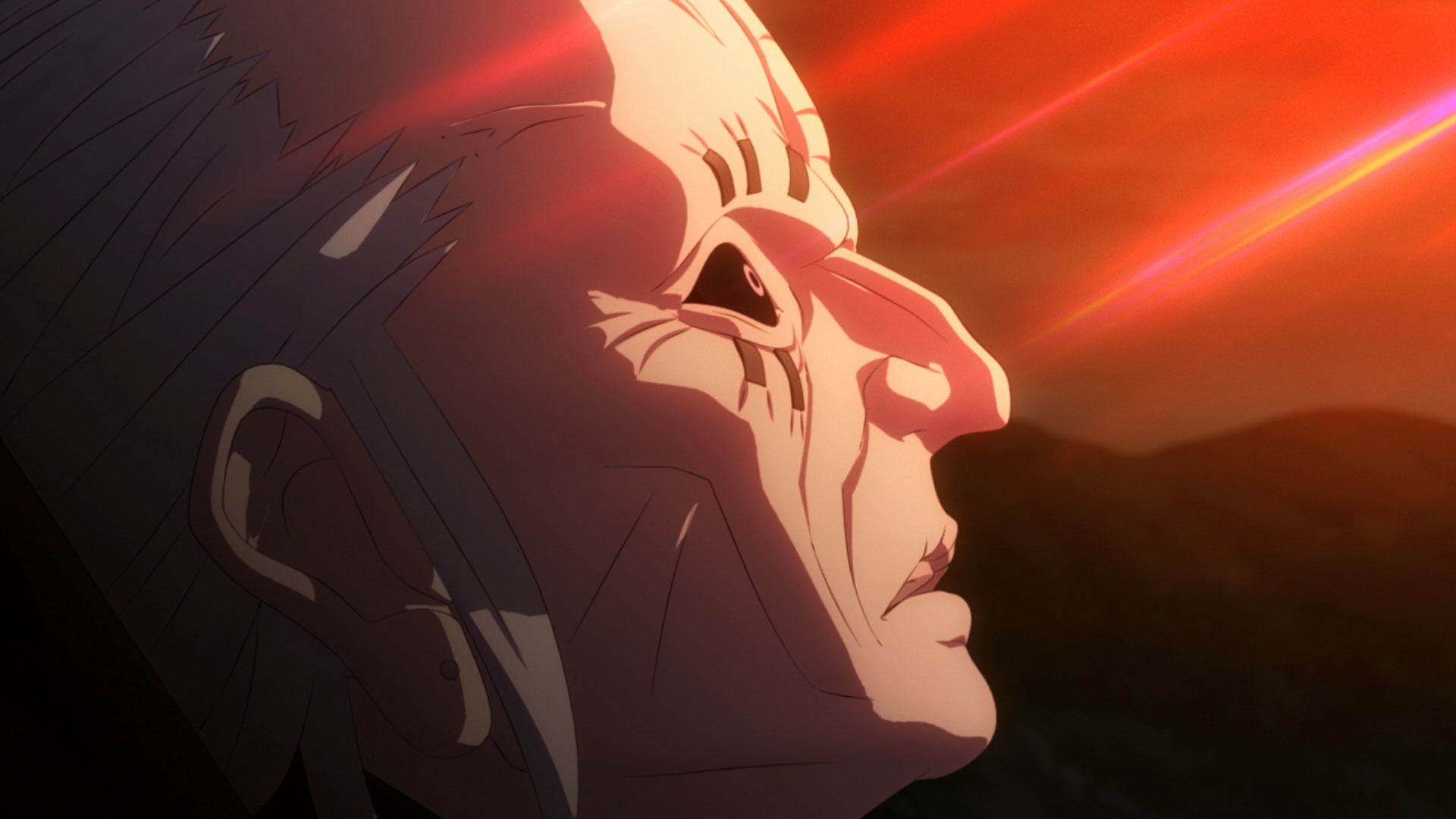 Nahaufnahme eines hellhäutigen Gesichts mit weißem Haar. Der Hintergrund ist ein orange-roter Farbverlauf mit Lichtstrahlen.
