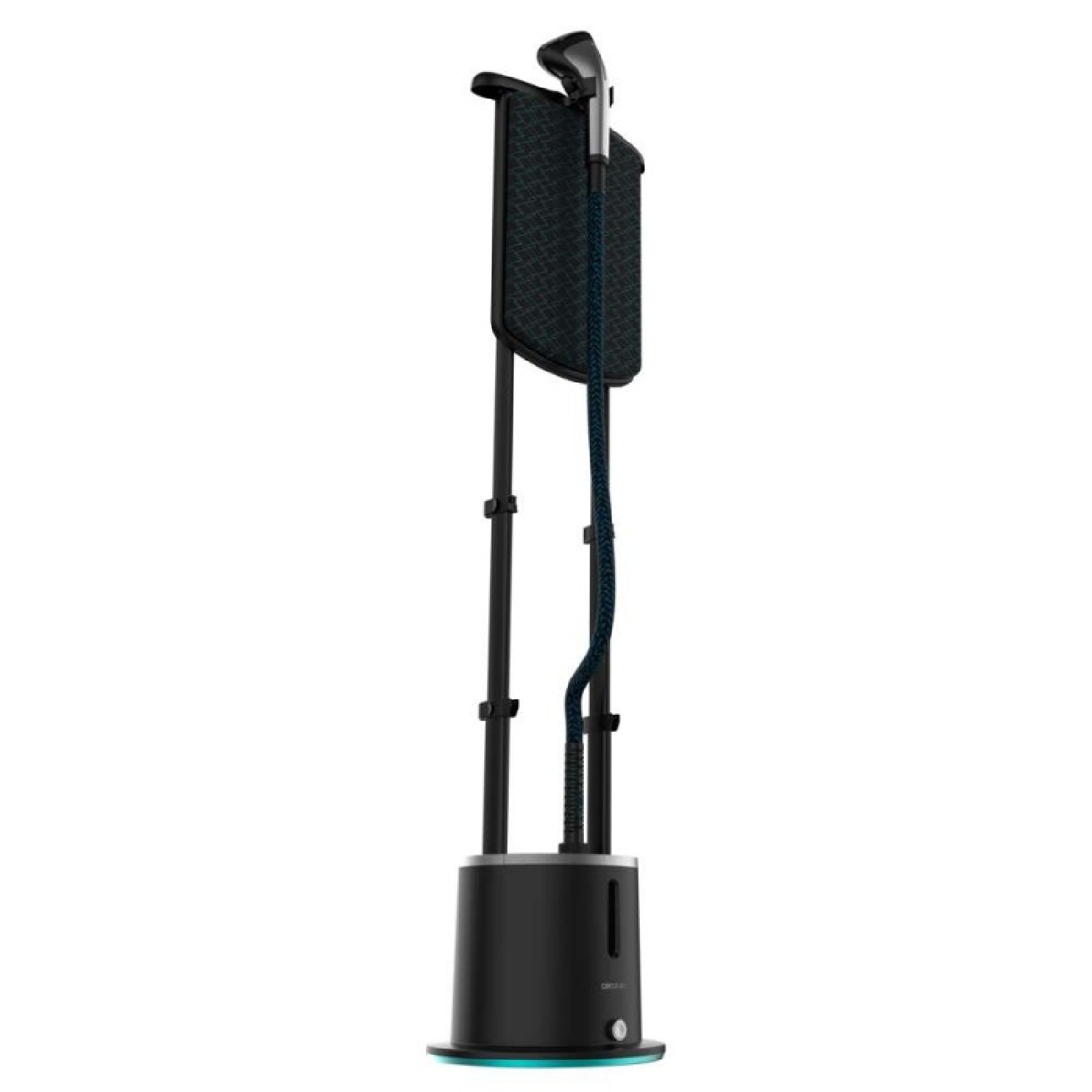 Un vaporizador de ropa negro con soporte. Tiene cabezal, manguera y tabla acolchada. La base es redonda con luz azul.