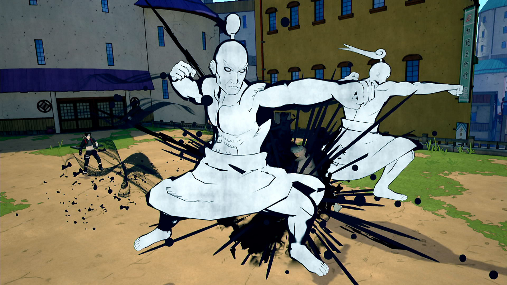 Anime-Figuren in Actionposen mit schwarzen Tinteneffekten. Gebäude im Hintergrund. Ein Charakter steht und beobachtet.