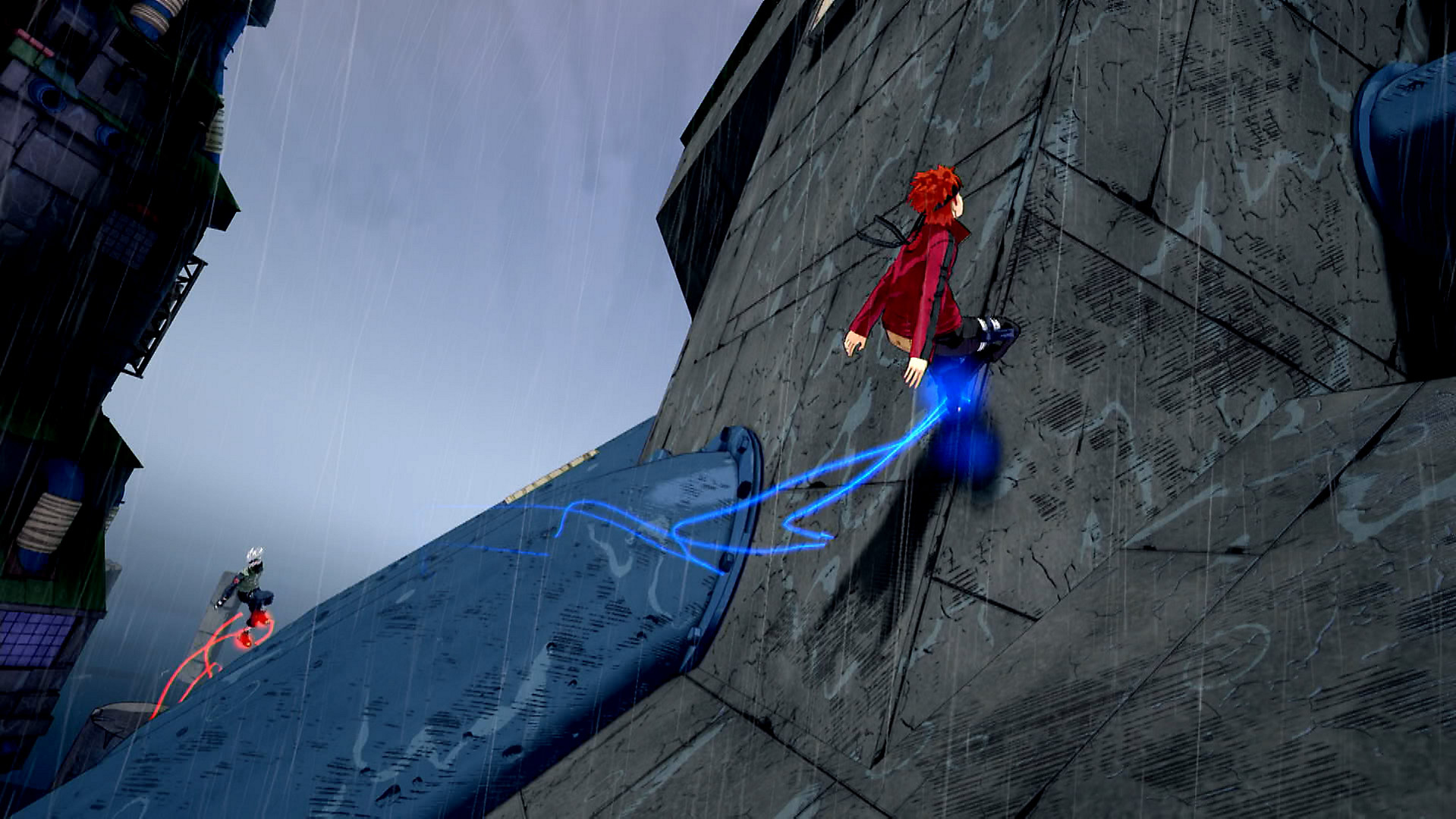 Anime-Charaktere klettern bei Regen ein Gebäude hoch. Einer mit roten Haaren, der andere mit silbernen. Blaue und rote Energiestraßen.