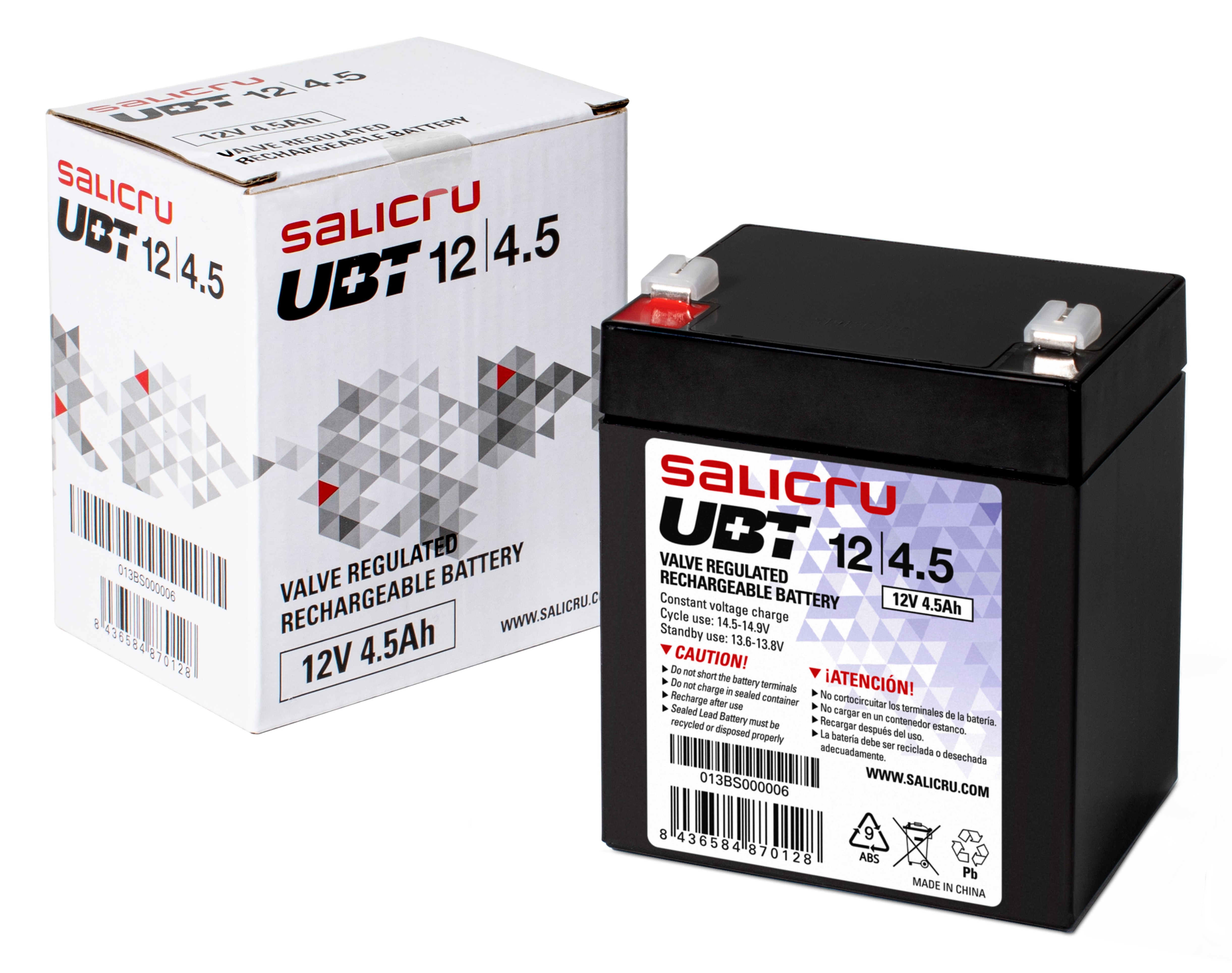 Se muestra una batería y su caja. La batería es negra con etiquetas blancas. La caja es blanca con texto rojo y negro.