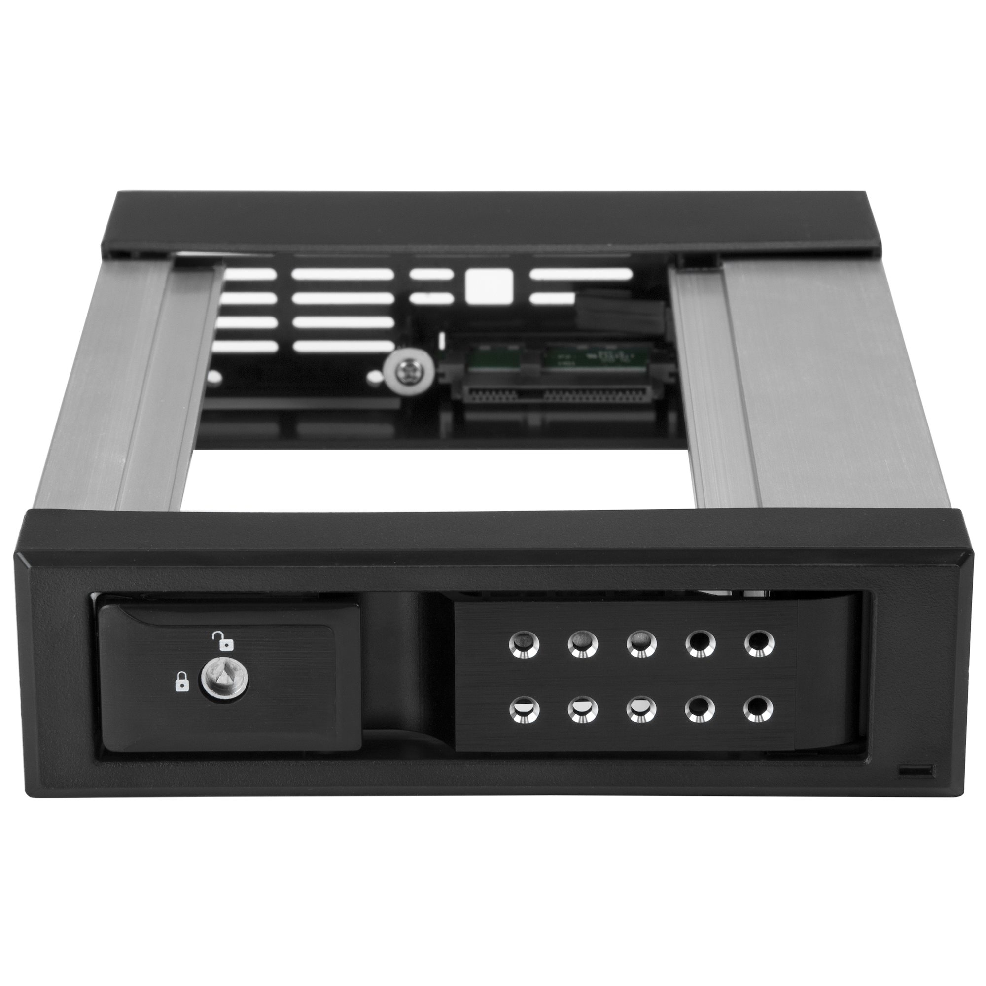 Eine schwarze und silberne Computerkomponente mit Schloss und mehreren Anschlüssen. Der Hintergrund ist weiß.