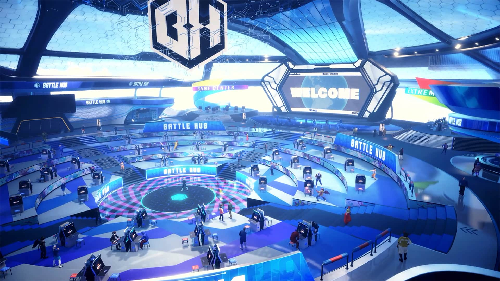 Futurystyczna arena gier z napisami 'BATTLE HUB'. Ludzie gromadzą się wokół stacji do gier. Duży znak mówi 'WELCOME'.