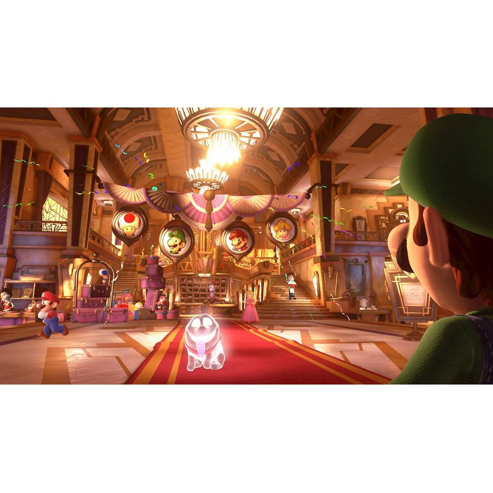 Luigi patrzy na ducha psa w wielkiej sali. Mario, Peach i inni są w tle. Kolorowe dekoracje i światła.