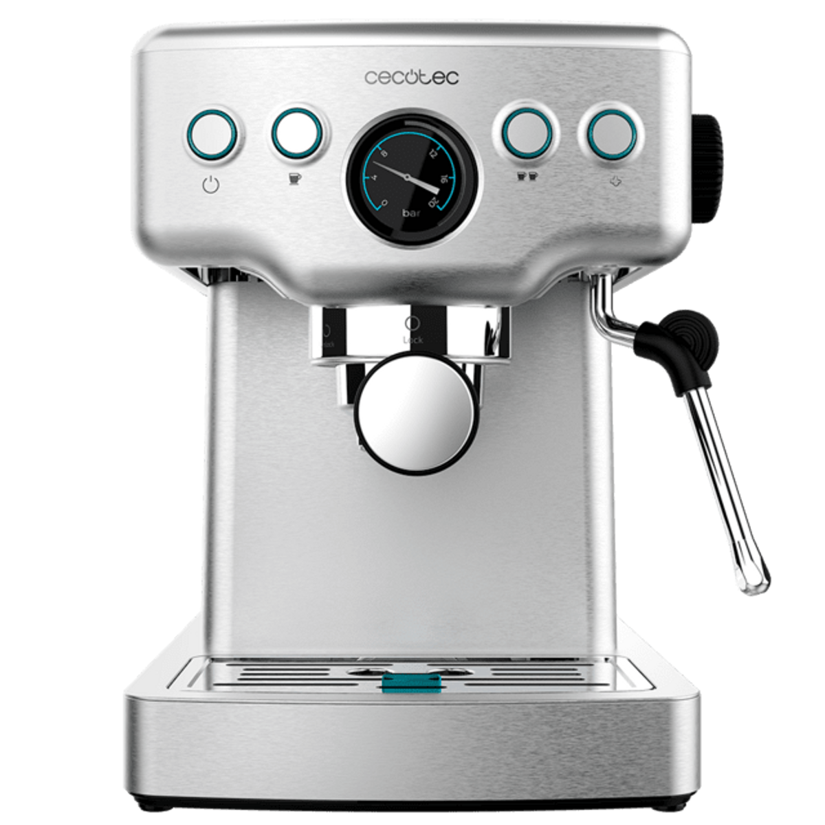 Zilveren Cecotec espressomachine. Knoppen, manometer, stoompijpje en lekbak. Zwarte achtergrond.