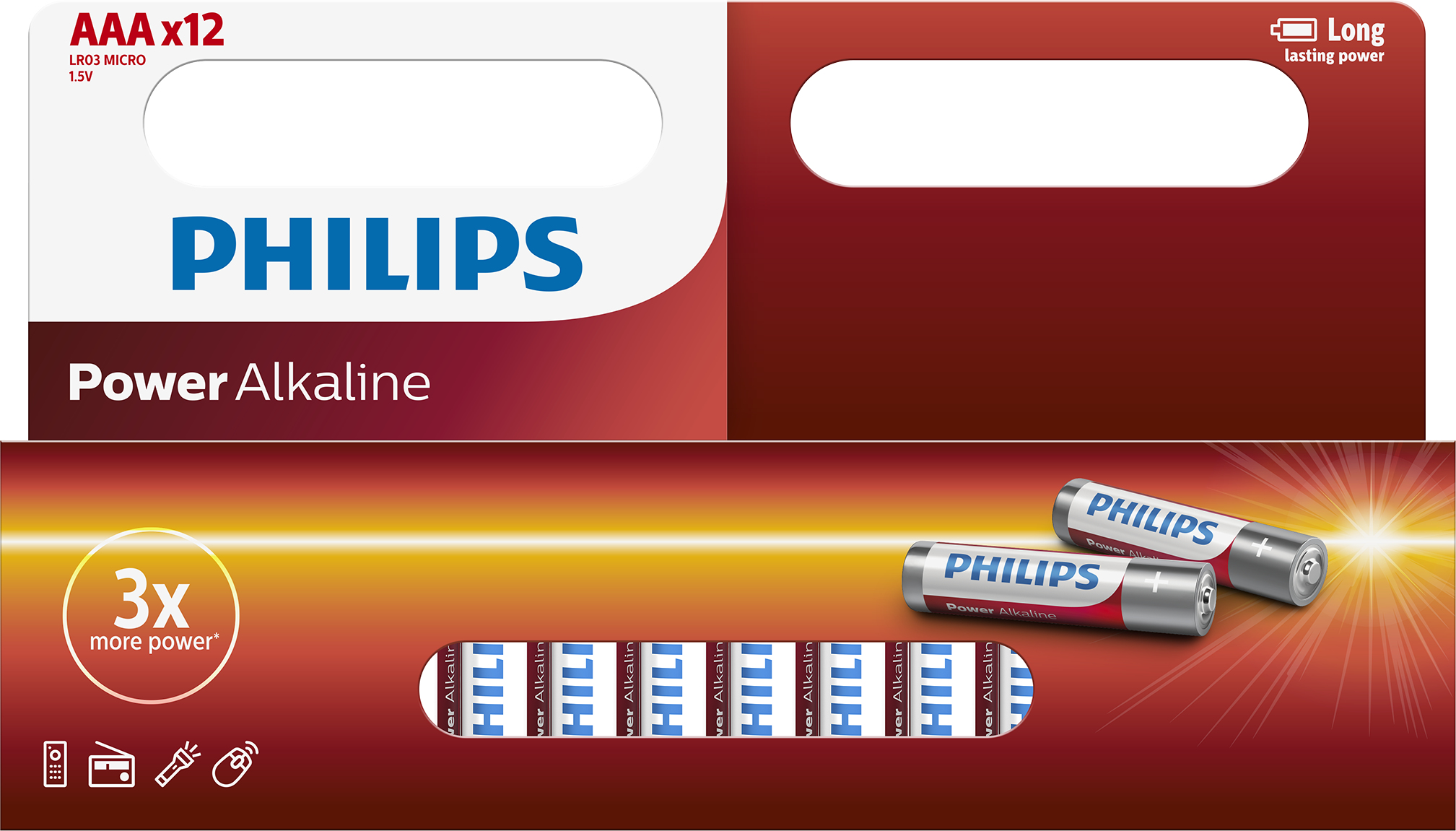 Bild von Philips Power Alkaline Batterien. Die Verpackung zeigt AAA x12 Batterien mit Symbolen für Radio, Taschenlampe und Maus.
