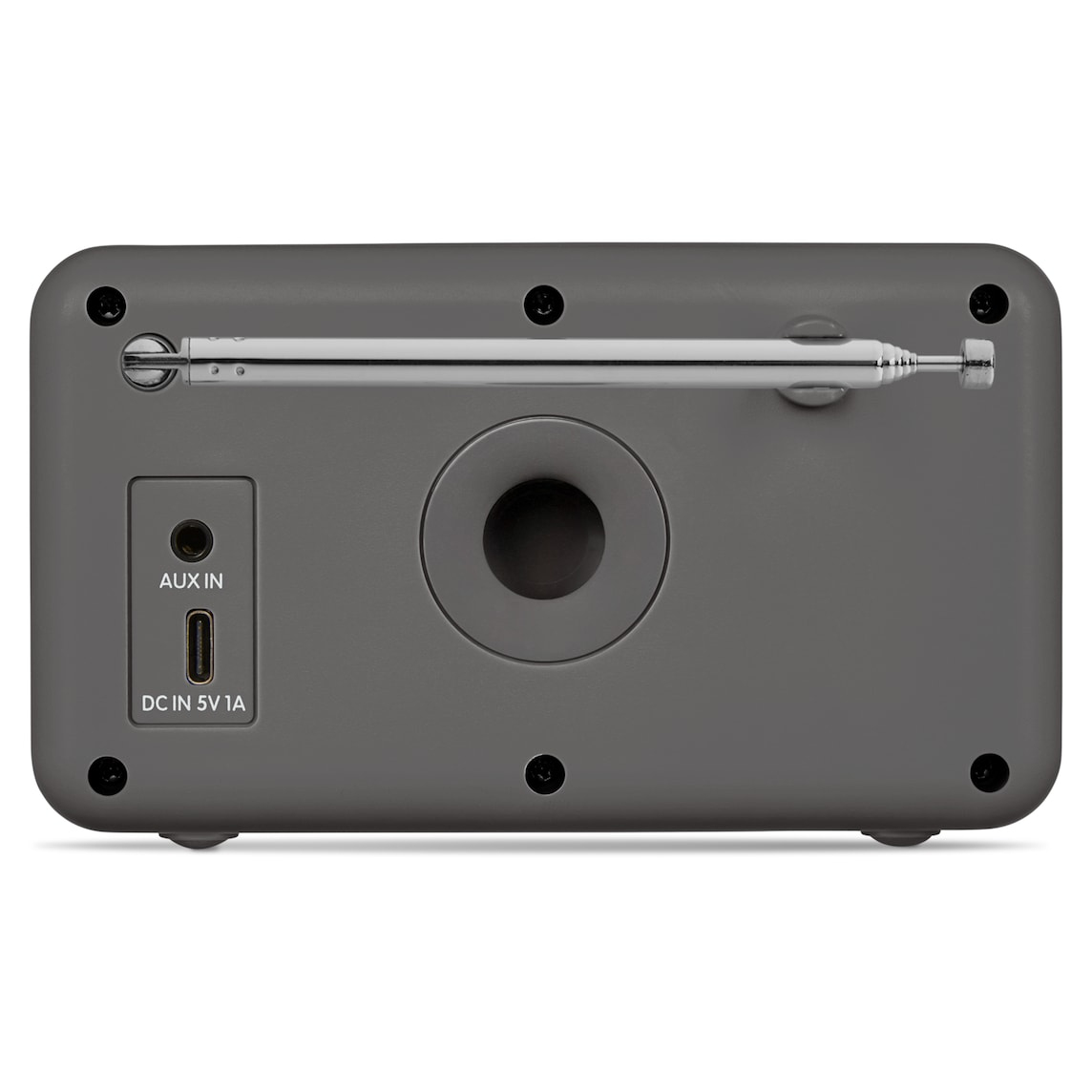 A gray radio with a speaker, antenna, and input ports. It has an AUX IN and DC IN 5V 1A port.