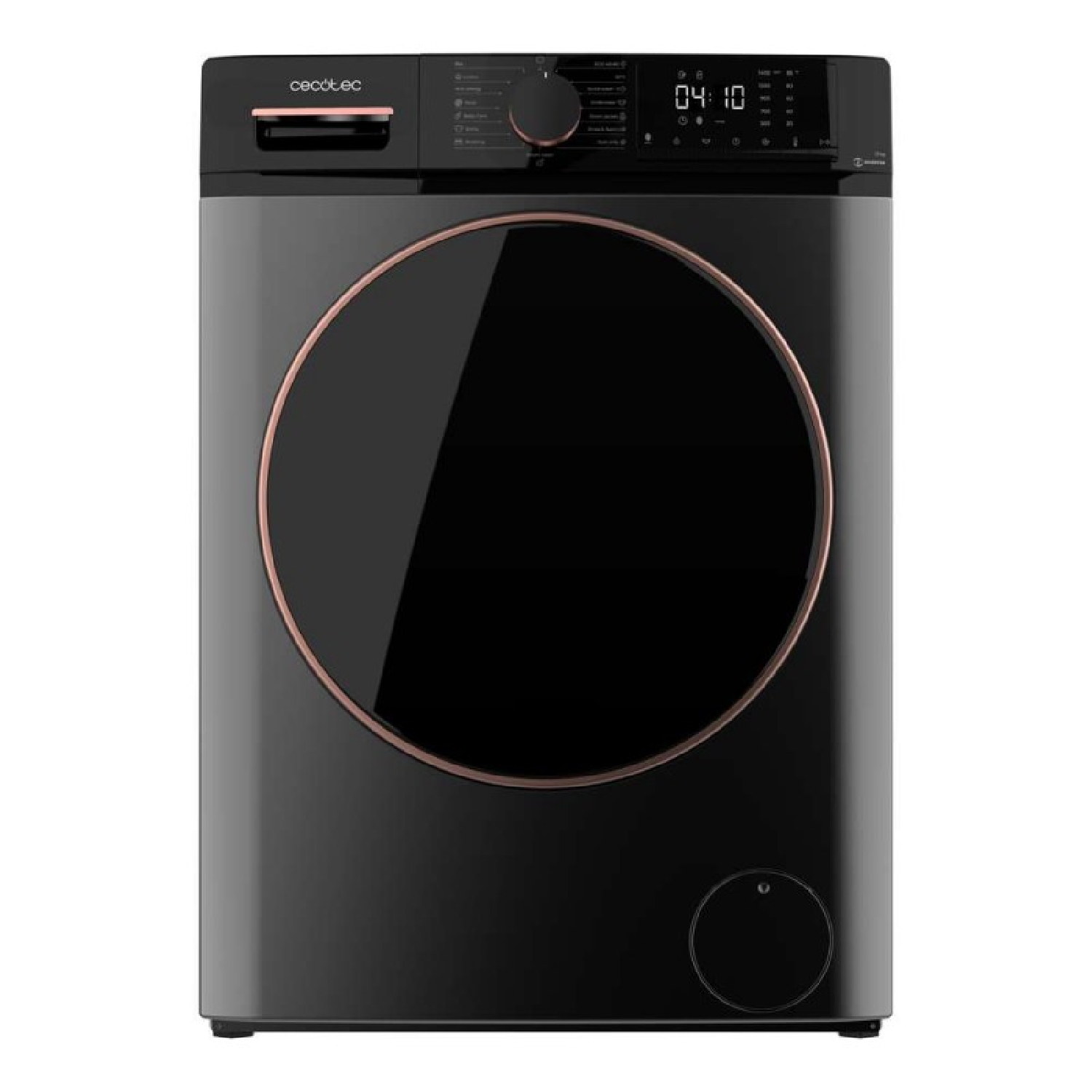 Czarna pralka z okrągłymi szklanymi drzwiami. Ma cyfrowy wyświetlacz i akcenty w kolorze różowego złota.