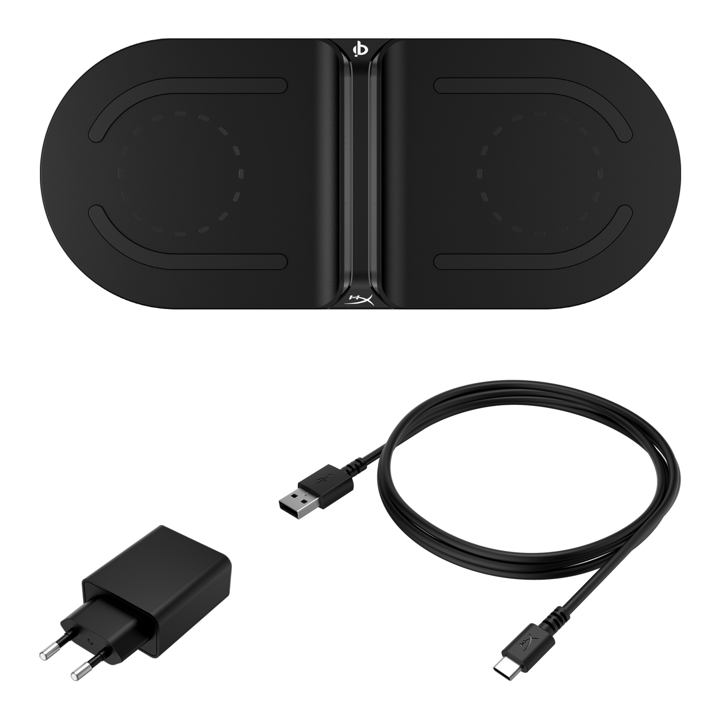 Caricabatterie wireless nero con due basi di ricarica, adattatore di alimentazione e cavo USB-C su sfondo bianco.