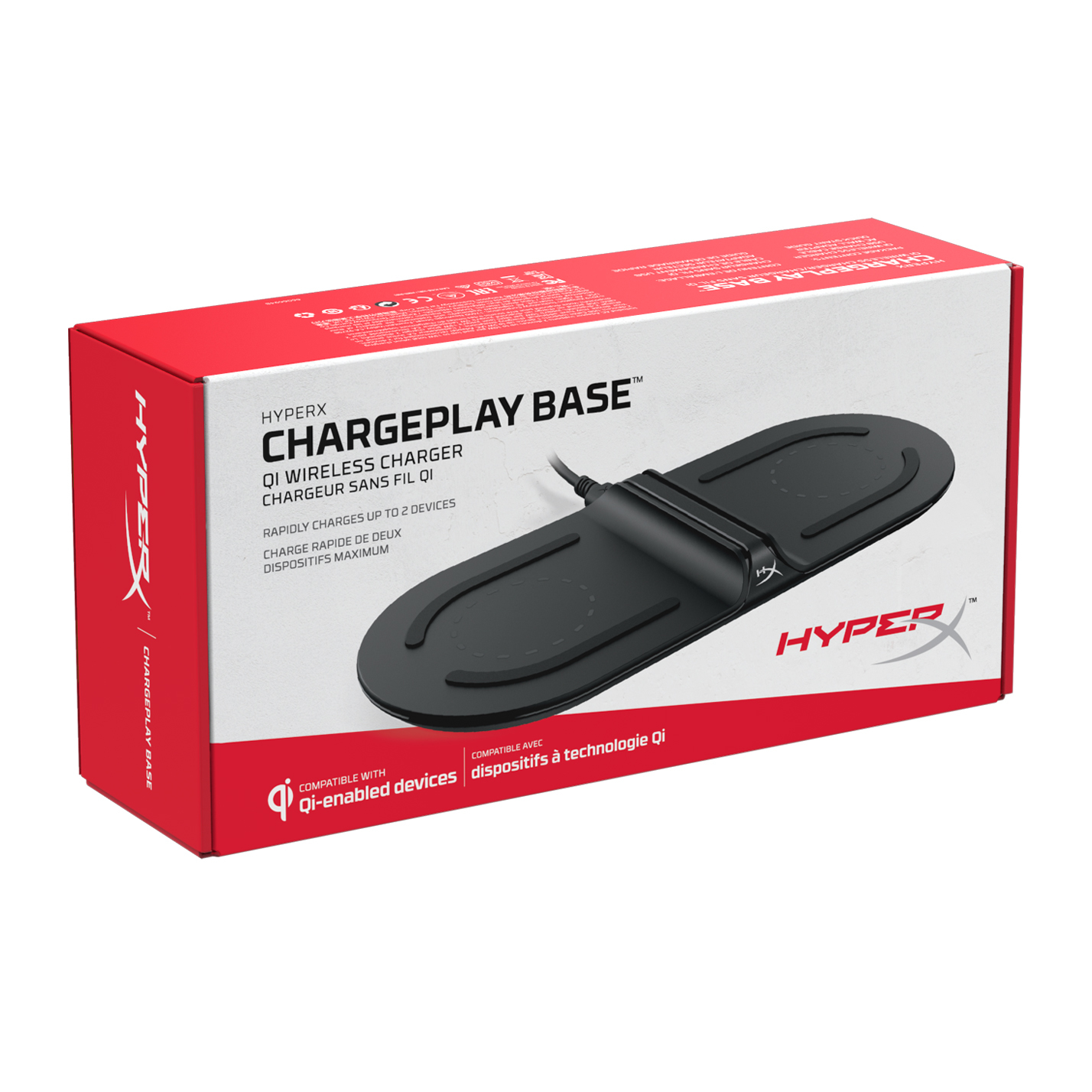 Una scatola rossa e bianca mostra una base HyperX Chargeplay nera. La scatola mostra il prodotto e le sue caratteristiche, inclusa la ricarica wireless.
