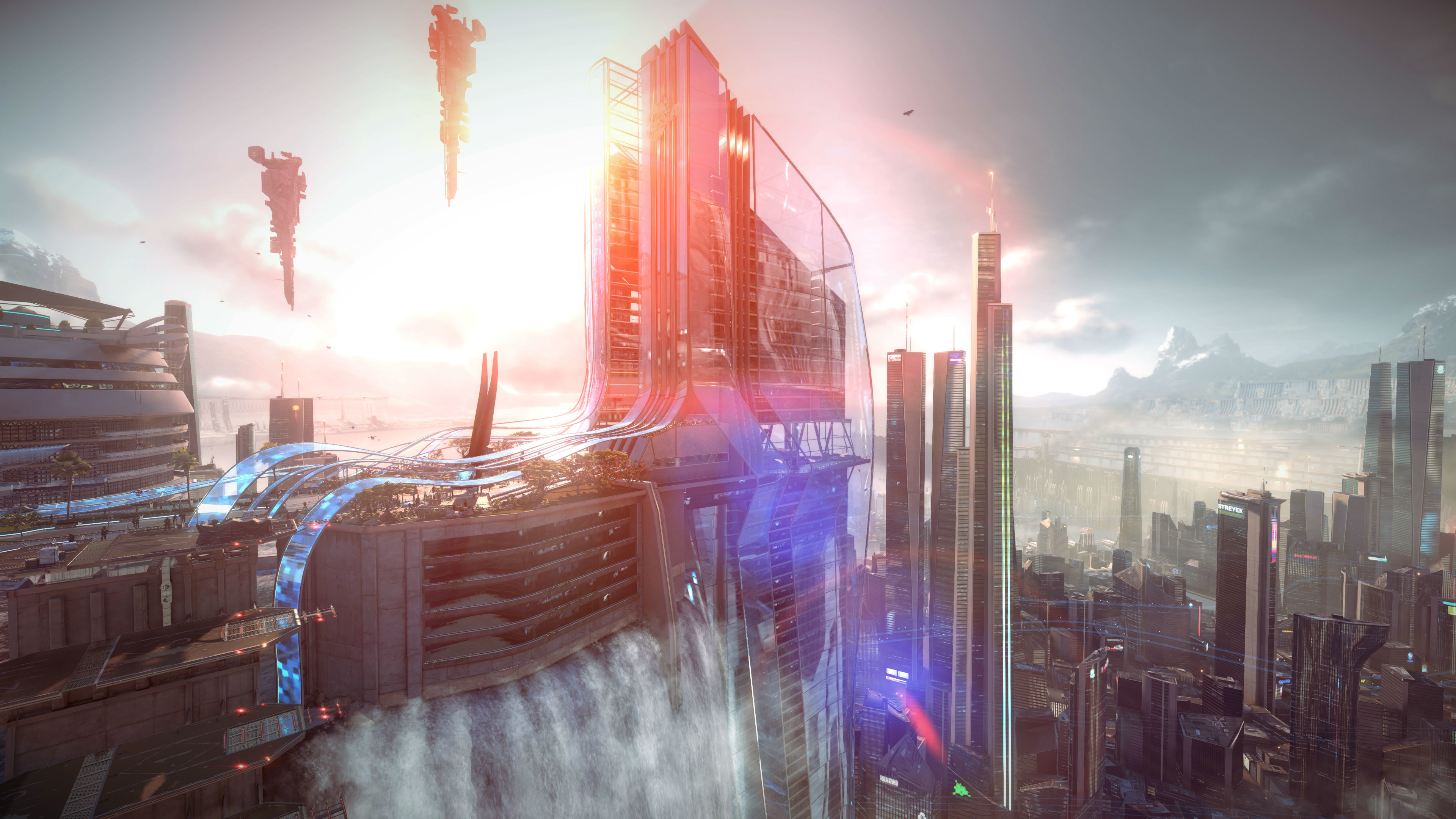 Paisaje urbano futurista con rascacielos, vehículos voladores y cascadas. El cielo es brillante con luz solar. Montañas visibles al fondo.