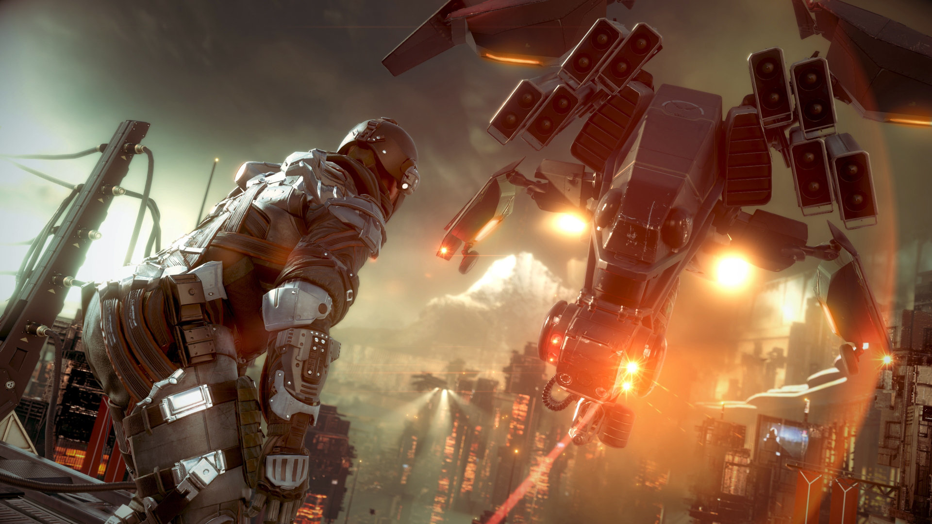 Un soldado futurista se enfrenta a un vehículo de combate. Edificios y luces en el fondo. La escena es naranja y roja.