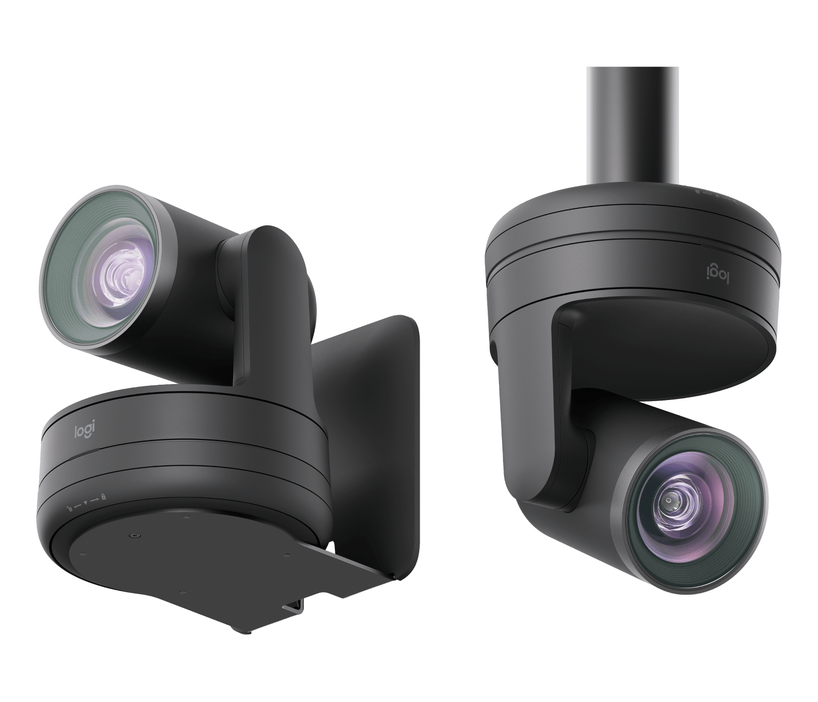 Zwei schwarze Logitech-Webcams. Eine an einer Wandhalterung befestigt. Die andere ist von oben abgehängt. Beide haben Linsen und Logos.