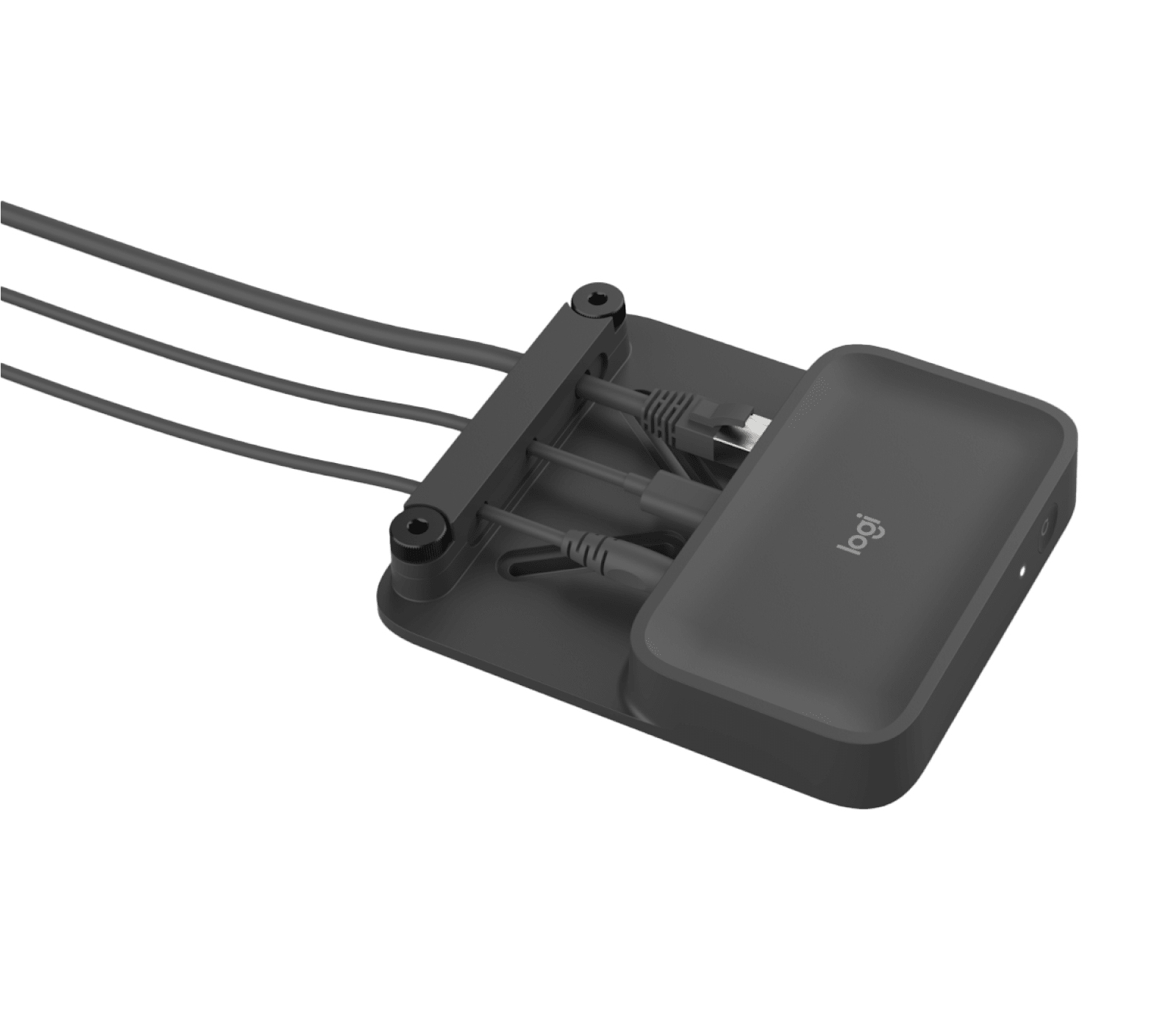 Ein dunkelgraues Logitech-Gerät mit mehreren angeschlossenen Kabeln. Das Gerät hat eine rechteckige Form und ein Logo.